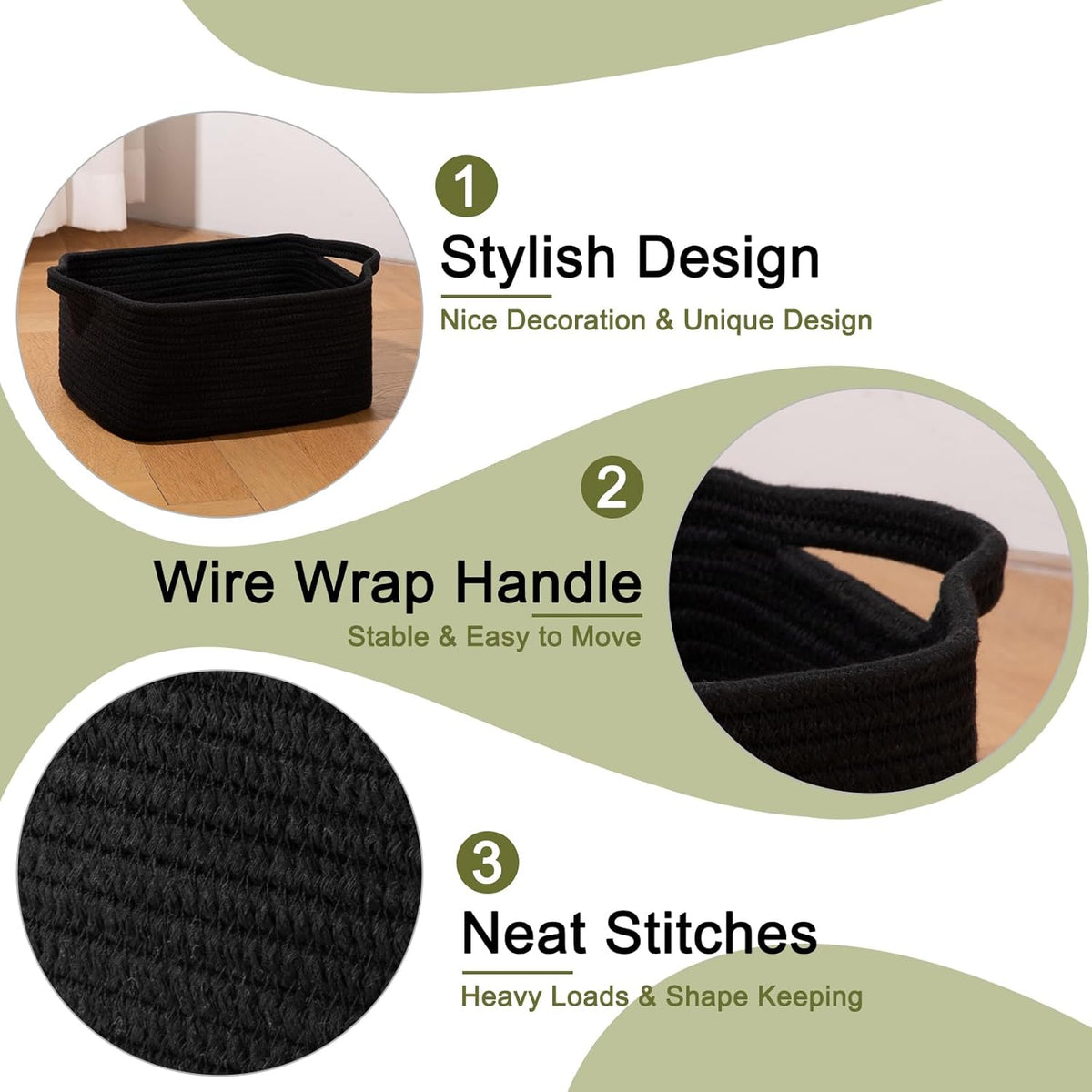 OIAHOMY Cotton Rope Woven Baskets for Storage, Nursery Rectangle Storage Basket with Handles for