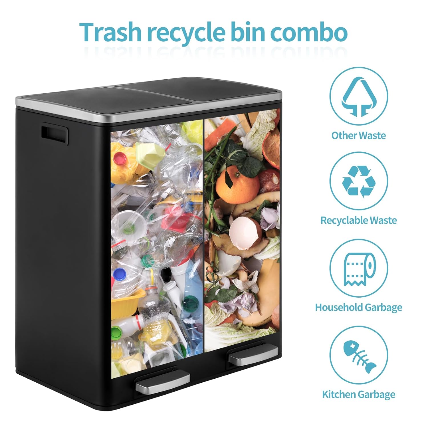 16 Gallon Rectangular Stainless Steel Trash Can, Dual Compartment Garbage Bin with Recycling Combo