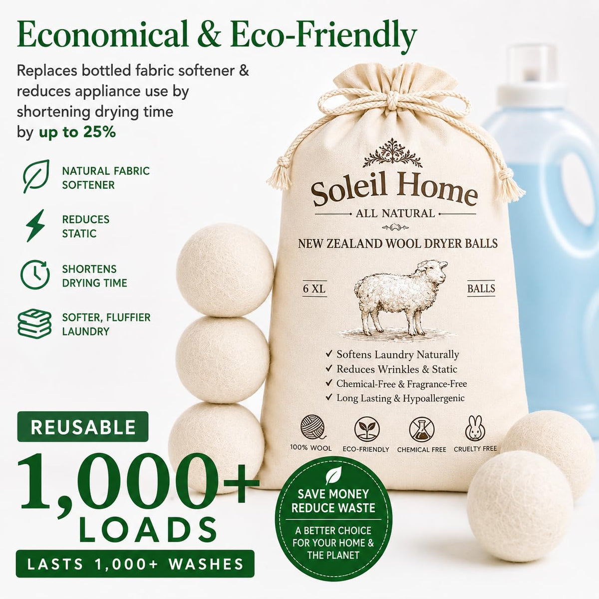 Wool Dryer Balls XL 6-Pack – 100% New Zealand Wool Laundry Balls – Natural Fabric Softener
