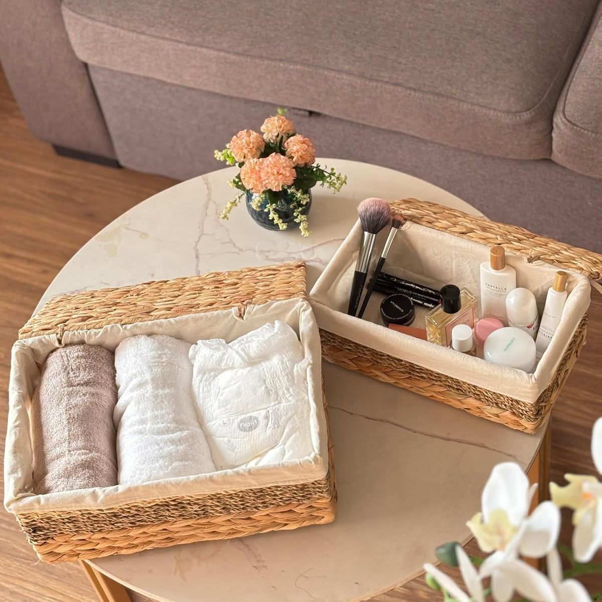 Wicker Storage Baskets with Lid and Lining, Built-in Carry Handles, Set of 2 Handwoven Water