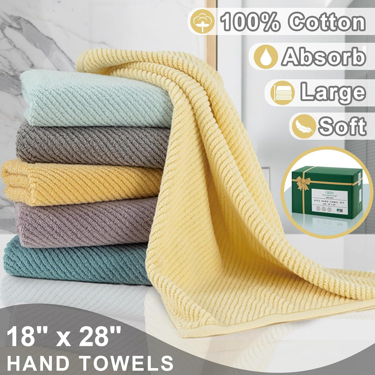 VOOVA & MOVAS Yellow Hand Towels for Bathroom, 4 Pack Large 18" x 28" - 100% Cotton | Lightweight |