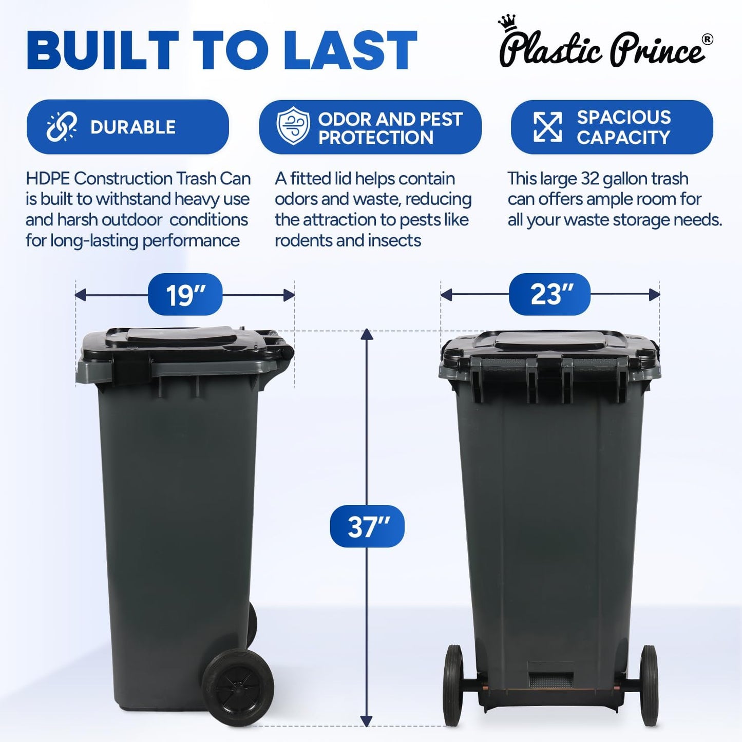 32 Gallon Step-On Large Outdoor Trash Can with Lid and Wheels - Outside Plastic Rolling Garbage Can