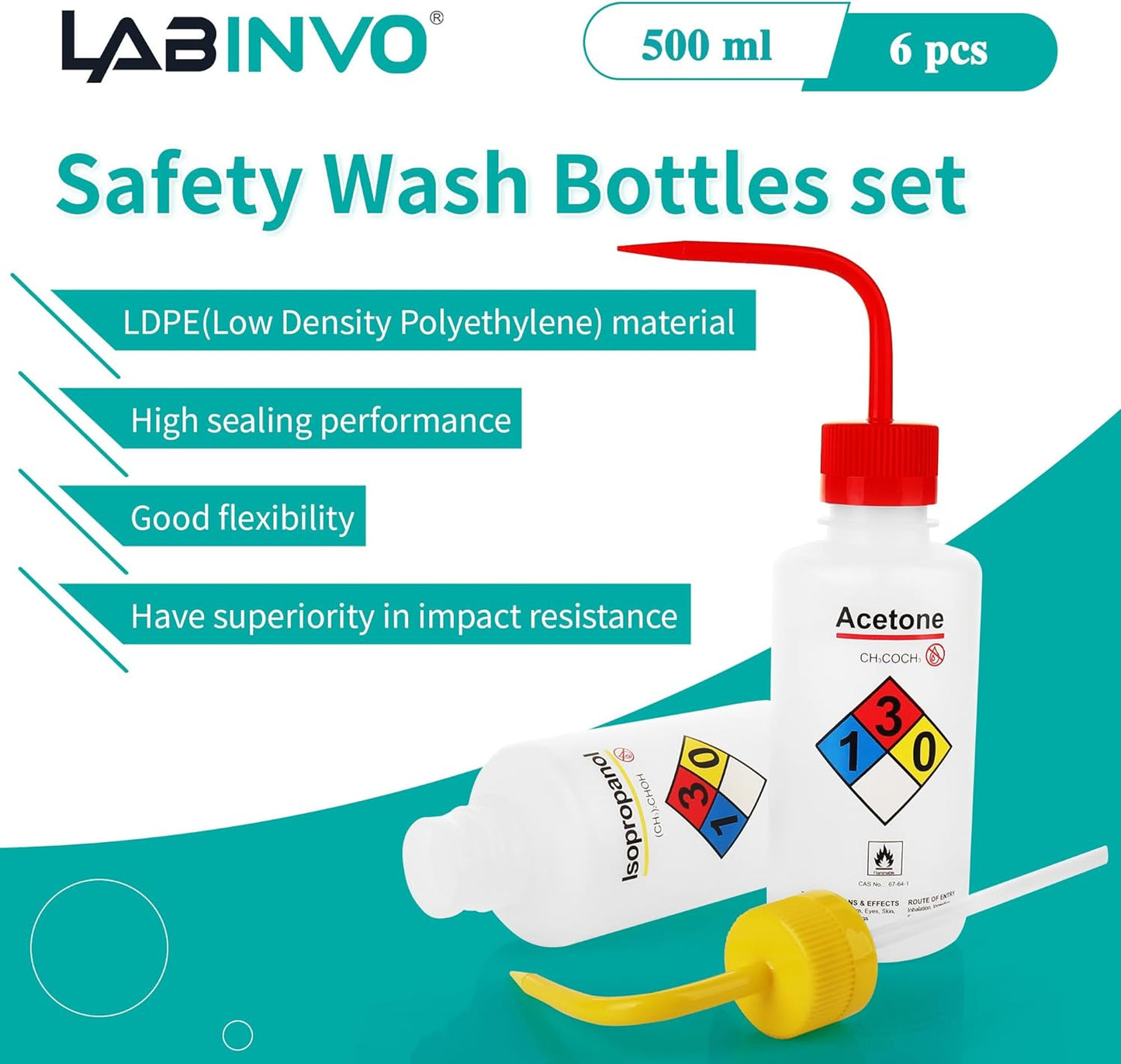 Safety Wash Bottles, Vol.500ml, 6PCS of Lab Rinse Squeeze Bottles, Printed Acetone, Ethyl Alcohol