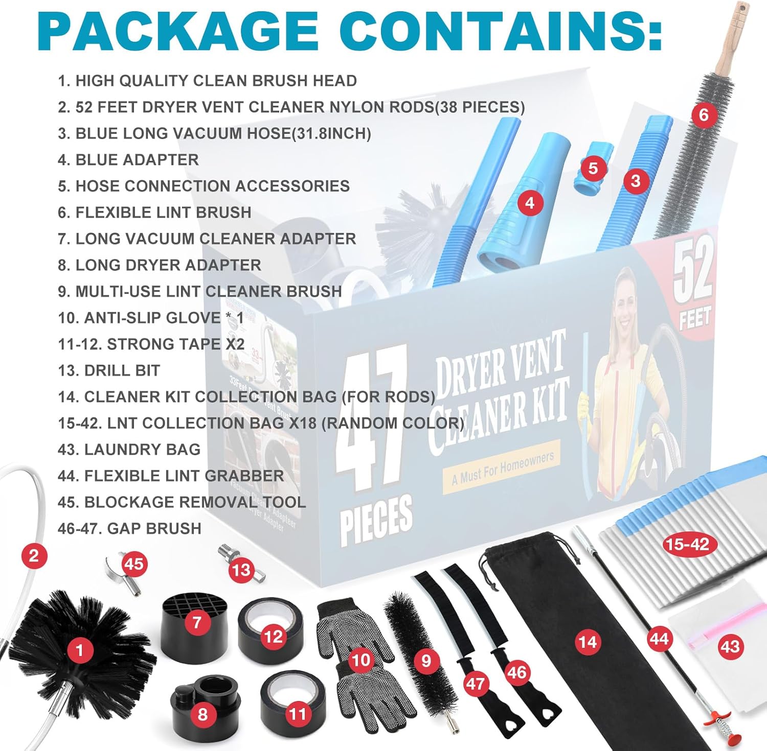 Sealegend 47-Piece 52-Feet Dryer Vent Cleaner Kit, Dryer Cleaning Tools, Omnidirectional Dryer Lint