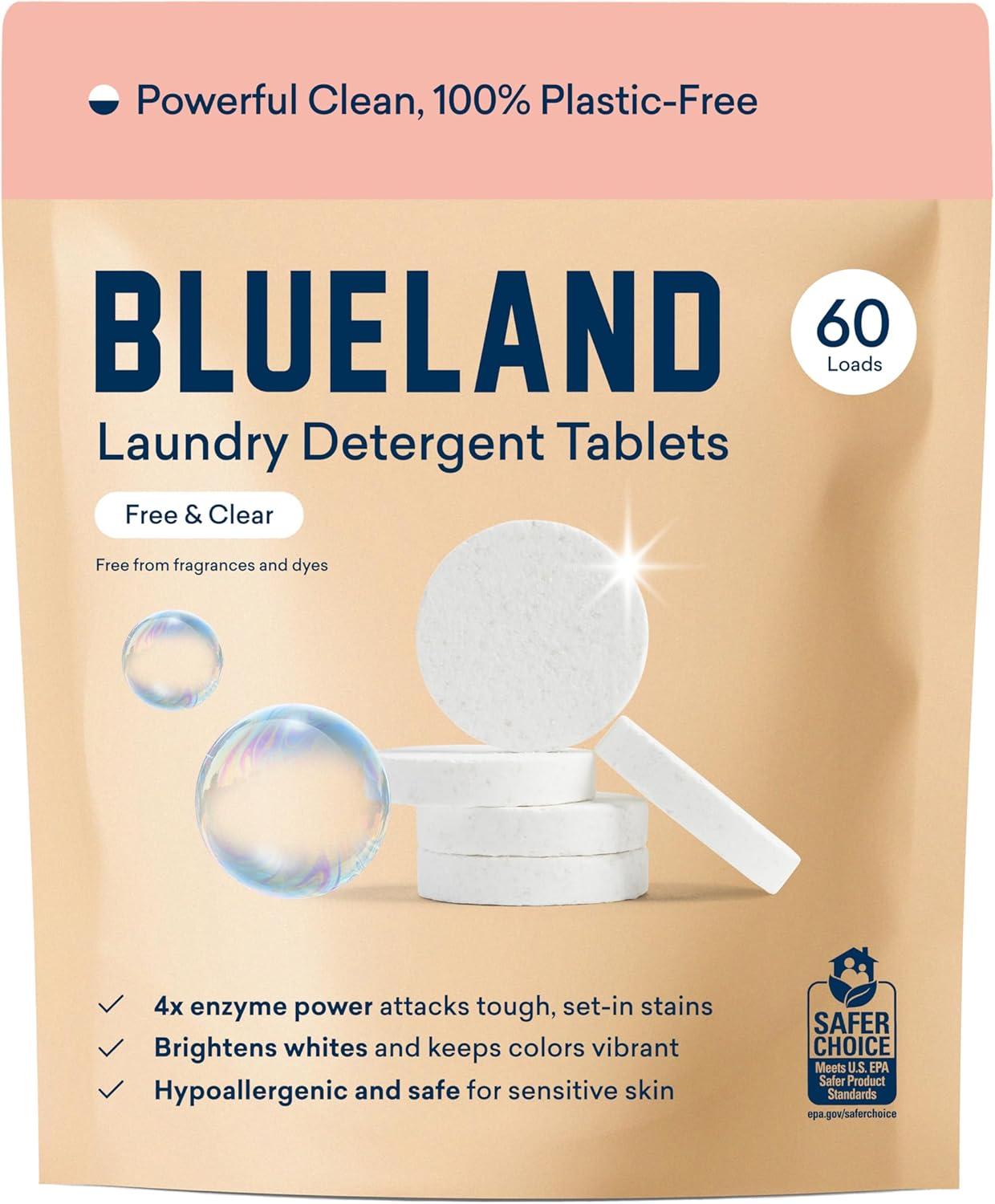 BLUELAND Laundry Detergent Tablets, 60 Count, Plastic-Free Eco-Friendly Pods, Sheets, Liquid