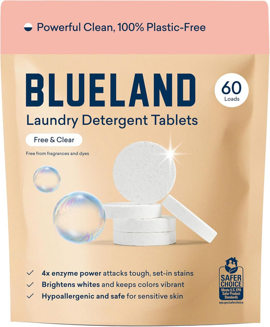 BLUELAND Laundry Detergent Tablets, 60 Count, Plastic-Free Eco-Friendly Pods, Sheets, Liquid