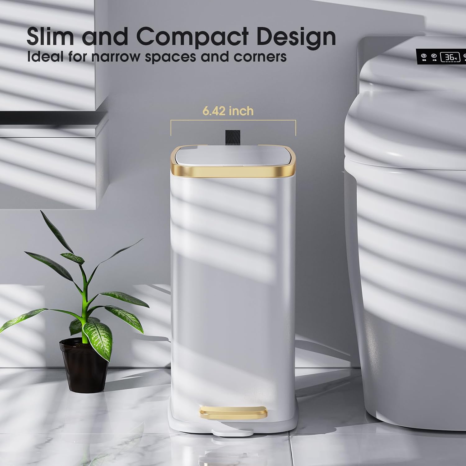 CEROELDA Small Bathroom Trash Can with Lid Soft Close-5L/1.3 Gal Slim Garbage Can-Metal Step