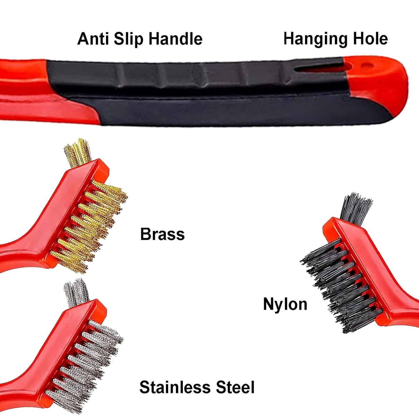 6Pcs Mini Wire Brush Set, Stainless Steel/Brass/Nylon Bristles Wire Brushes, Curved Handle Soft