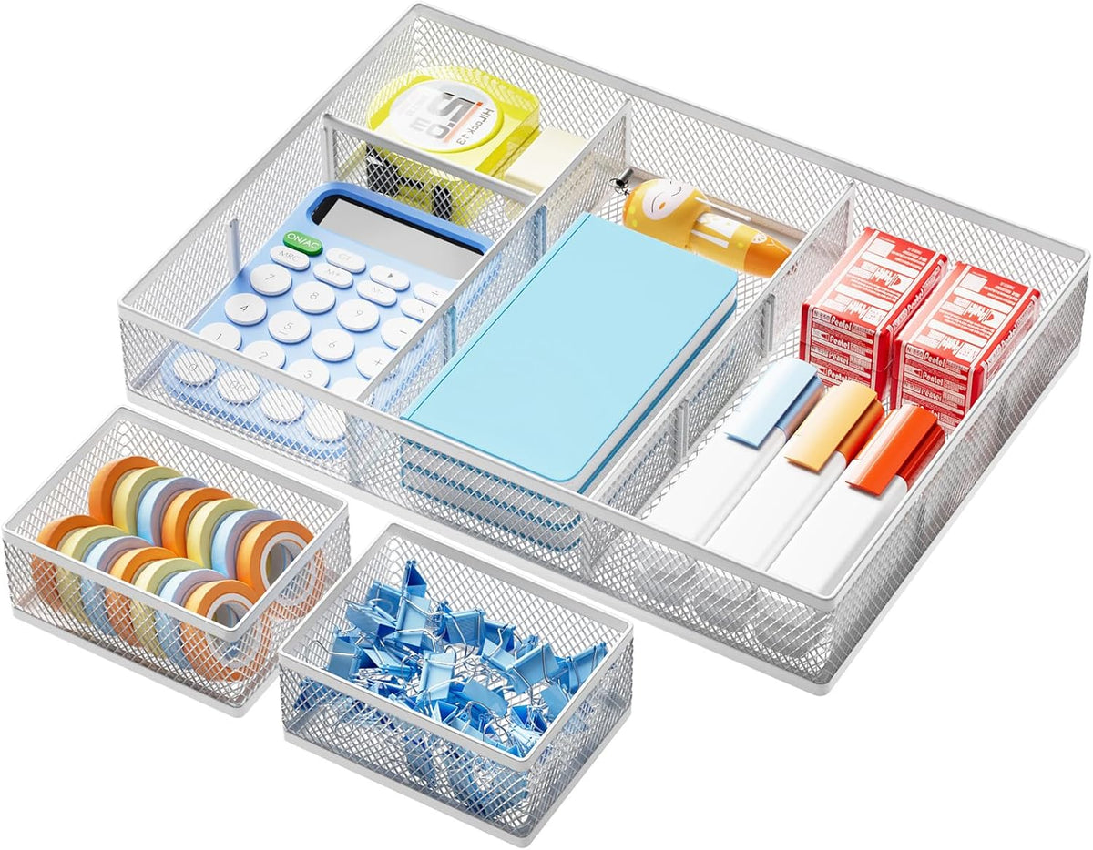 Marbrasse 3 Packs White Desk Drawer Organizers,Drawer Organizer Tray with 9 Adjustable