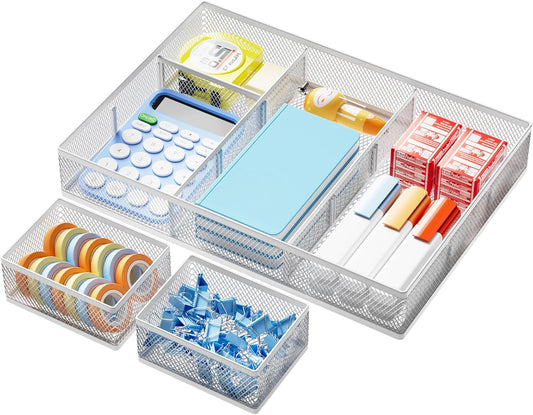 Marbrasse 3 Packs White Desk Drawer Organizers,Drawer Organizer Tray with 9 Adjustable