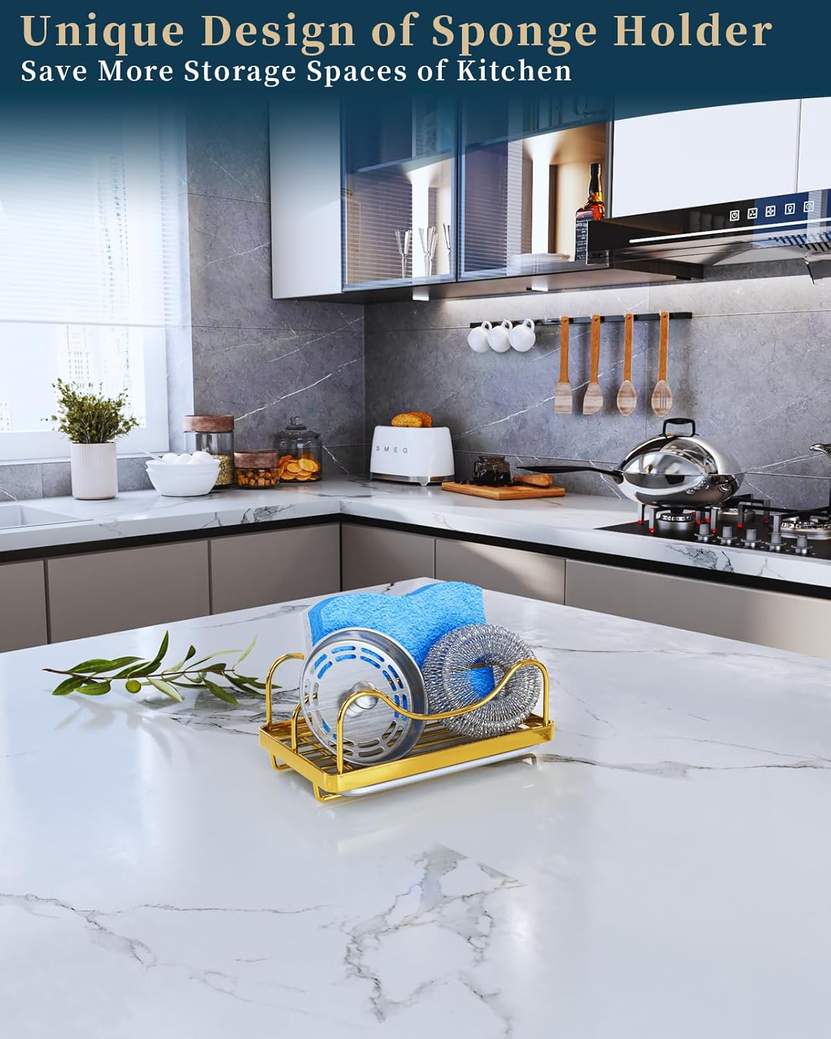 Consumest Sponge Holder for Kitchen Sink - Movable Sink Caddy for Countertop Organizer, 304