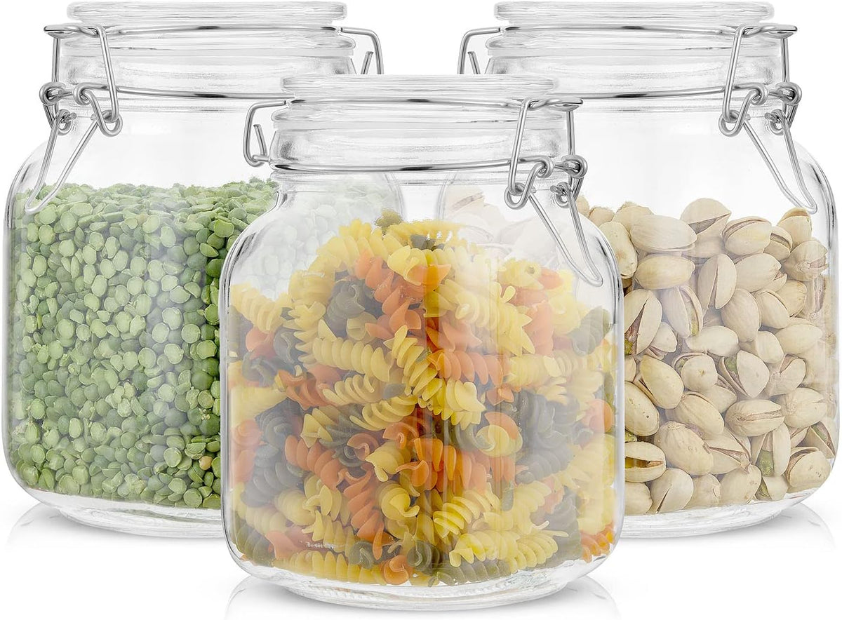 JoyJolt Airtight Glass Jars with Lids Set of 3. 32oz Glass Jar with Lid and 6 Silicone Seals! Med
