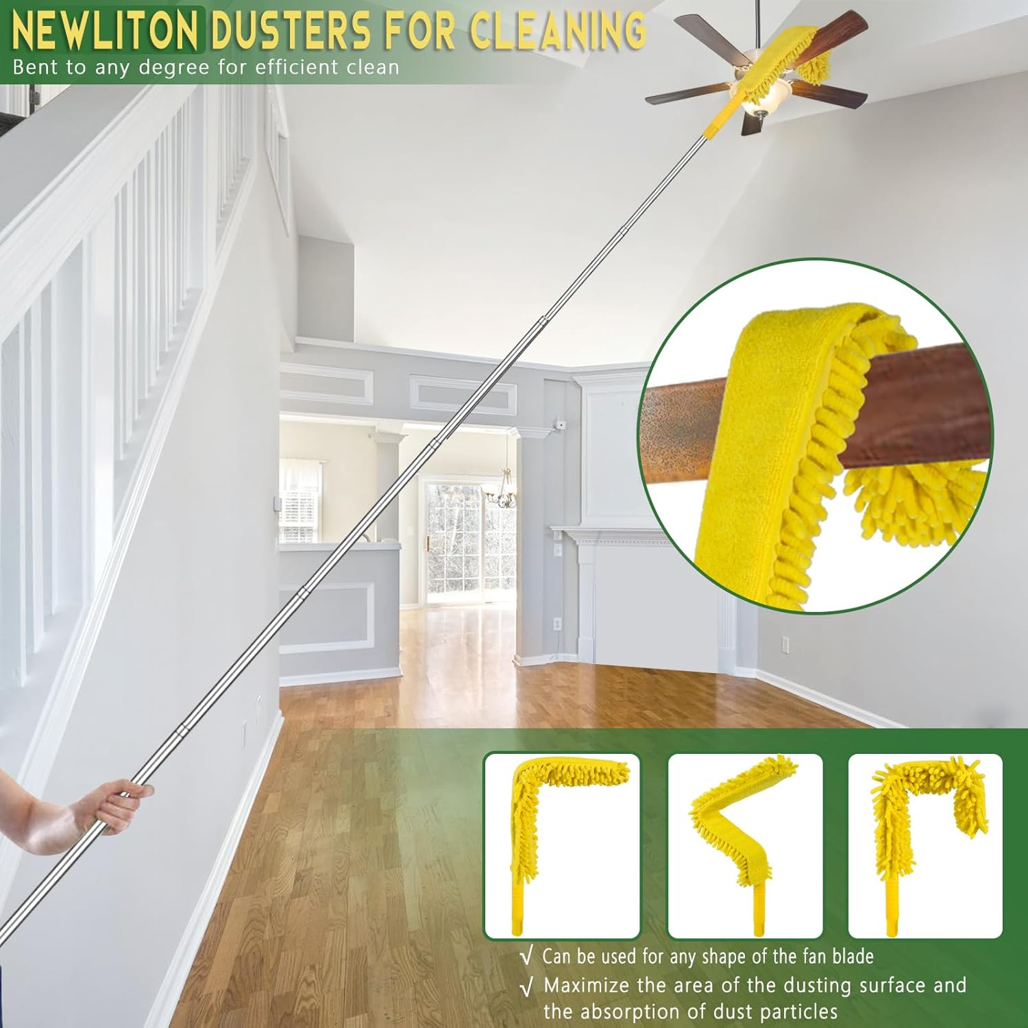 17 Foot High Reach Duster Kit with 2-to-9 Foot Extension Pole, Newliton 3-in-1 High Ceiling