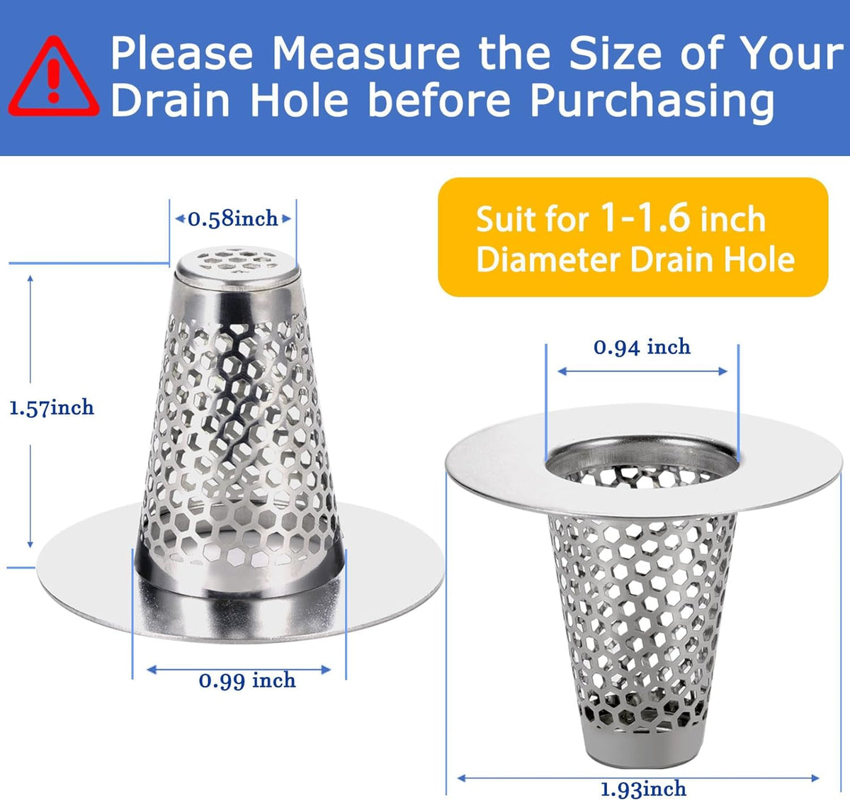 Bathroom Sink Drain Strainers for 1.1"-1.6" Depth Than 1.6" Drain Hole Catcher for Laundry