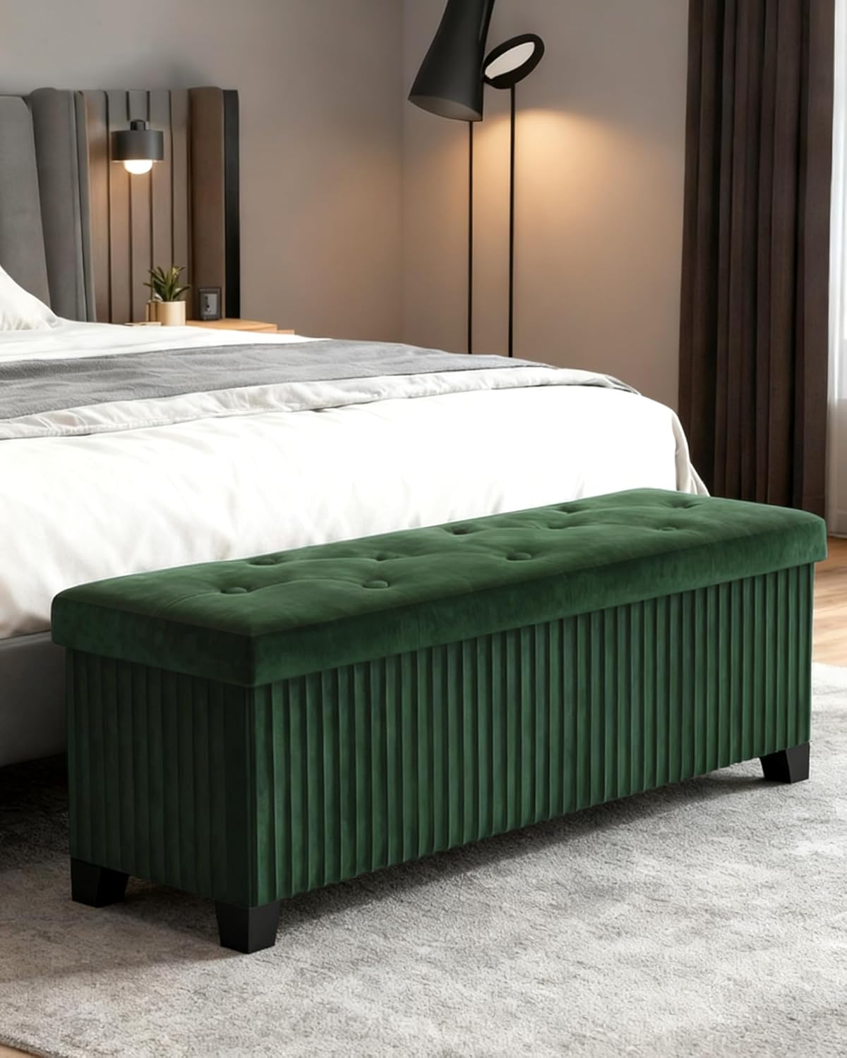Storage Ottoman Bench, 43 Inch Foldable Ottoman with Legs, Velvet Foot Rest Stool, End of Bed