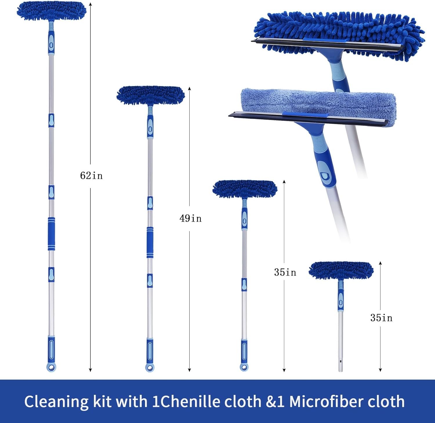 LOMIDA Professional Window Squeegee Kit - 62" Lightweight Aluminum Pole, 2 in 1 Rotatable Window