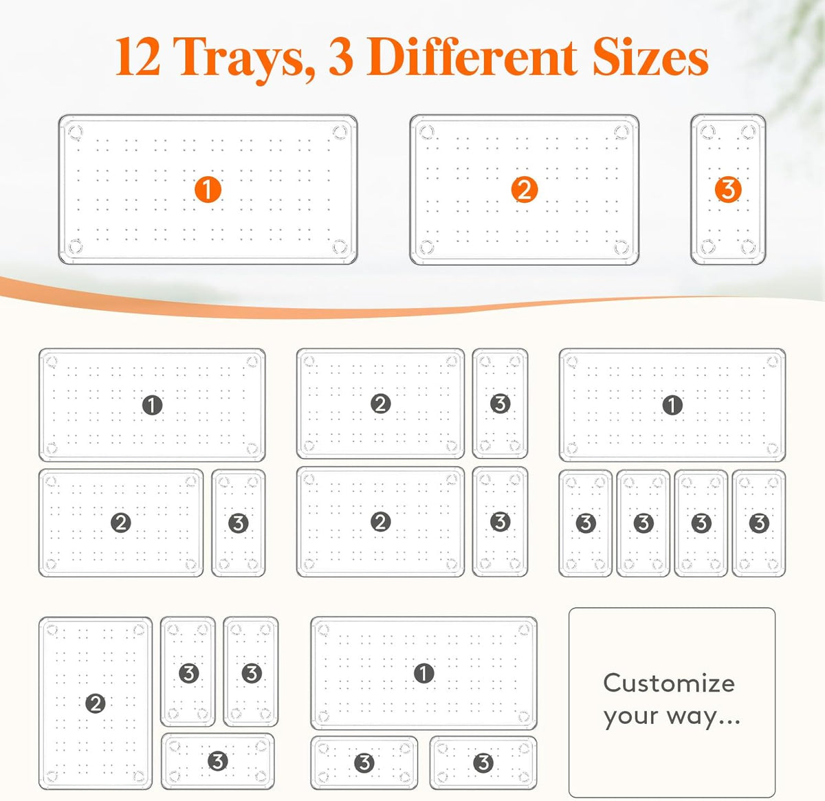 Lifewit 12 Pcs Large Bathroom Drawer Organizers, 3 Sizes Clear Plastic Storage Organizer Trays for