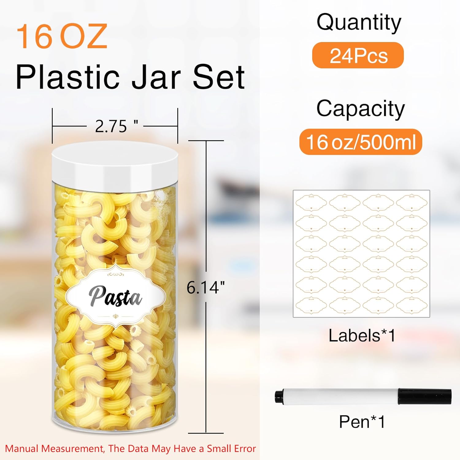 24 Pcs Plastic Jars, 16 OZ Plastic Jars with White Lids Clear Airtight Slime Containers Refillable