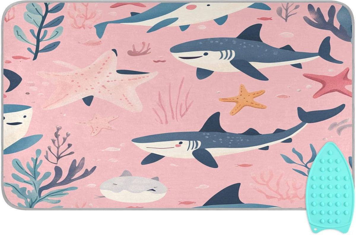Pink Sharks Starfish and Seaweeds Ironing Mat Thickened Ironing Blanket Travel Portable Double-Side