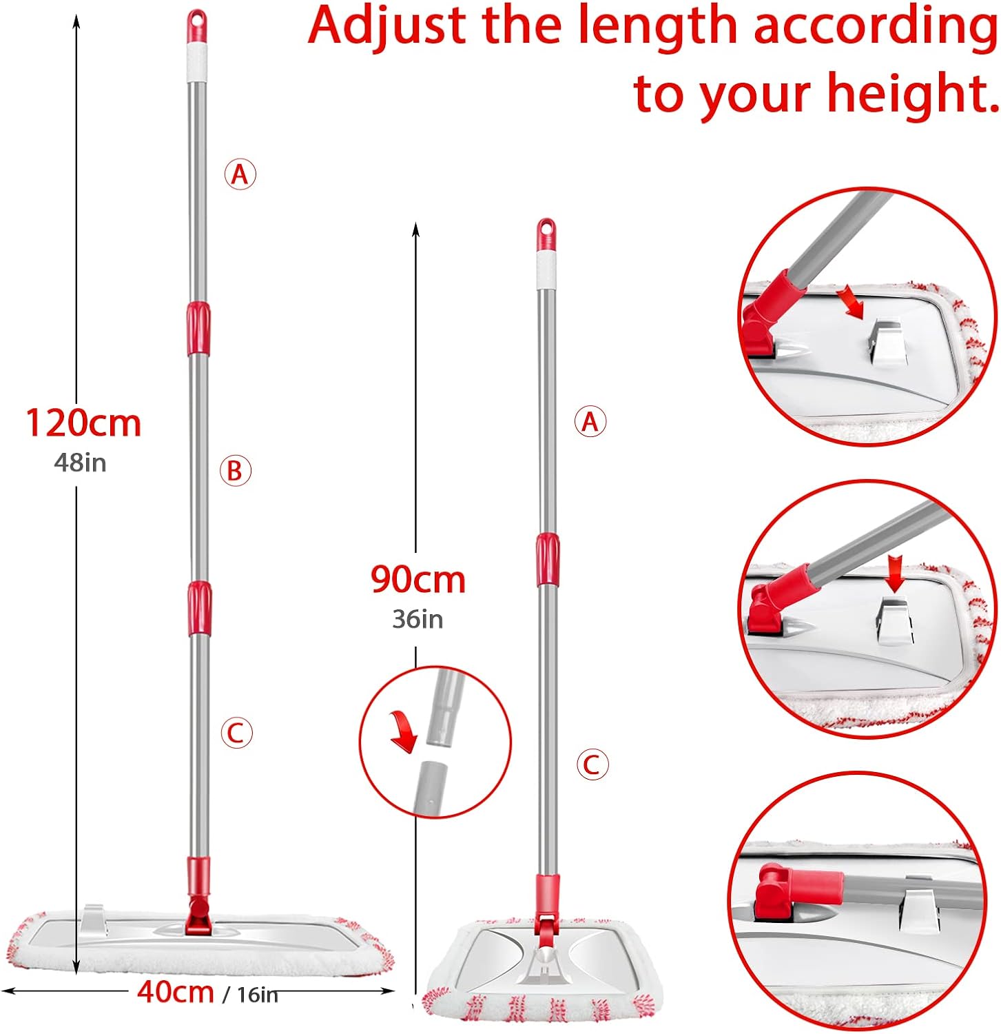 MASTERTOP Microfiber Mop, Extra Large Dust Mop with 5 Pads for Wet & Dry Use, 16'' Mops for