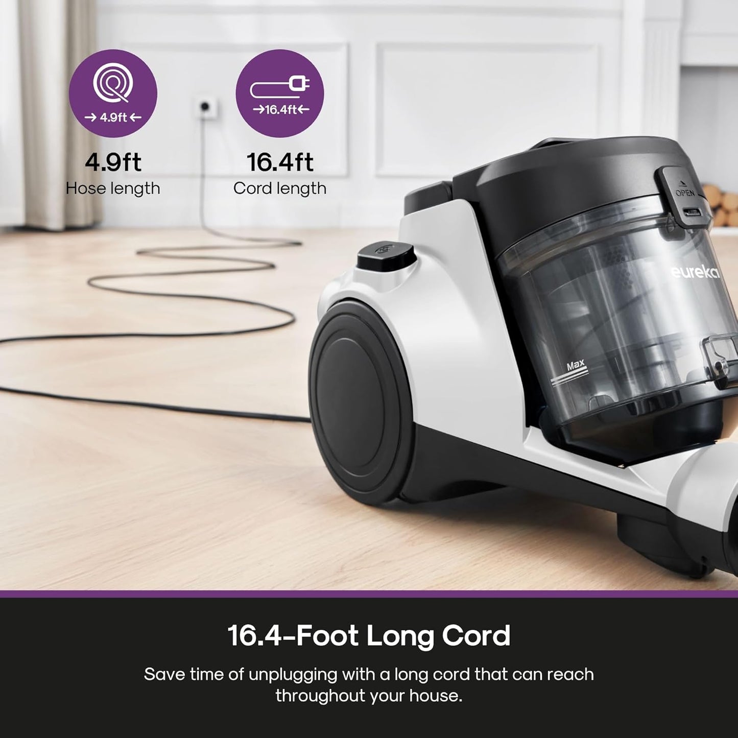 Eureka Bagless Canister Vacuum Cleaner, 1100W High Power Vacuum Cleaner for Carpets and Hard Floors