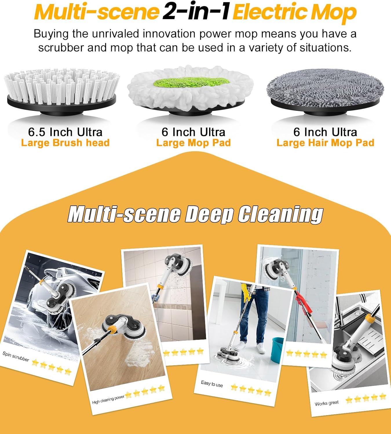 qimedo 800RPM Cordless Electric Mop, 6000mAh Battery Electric Power Scrubber & Mops for Floor
