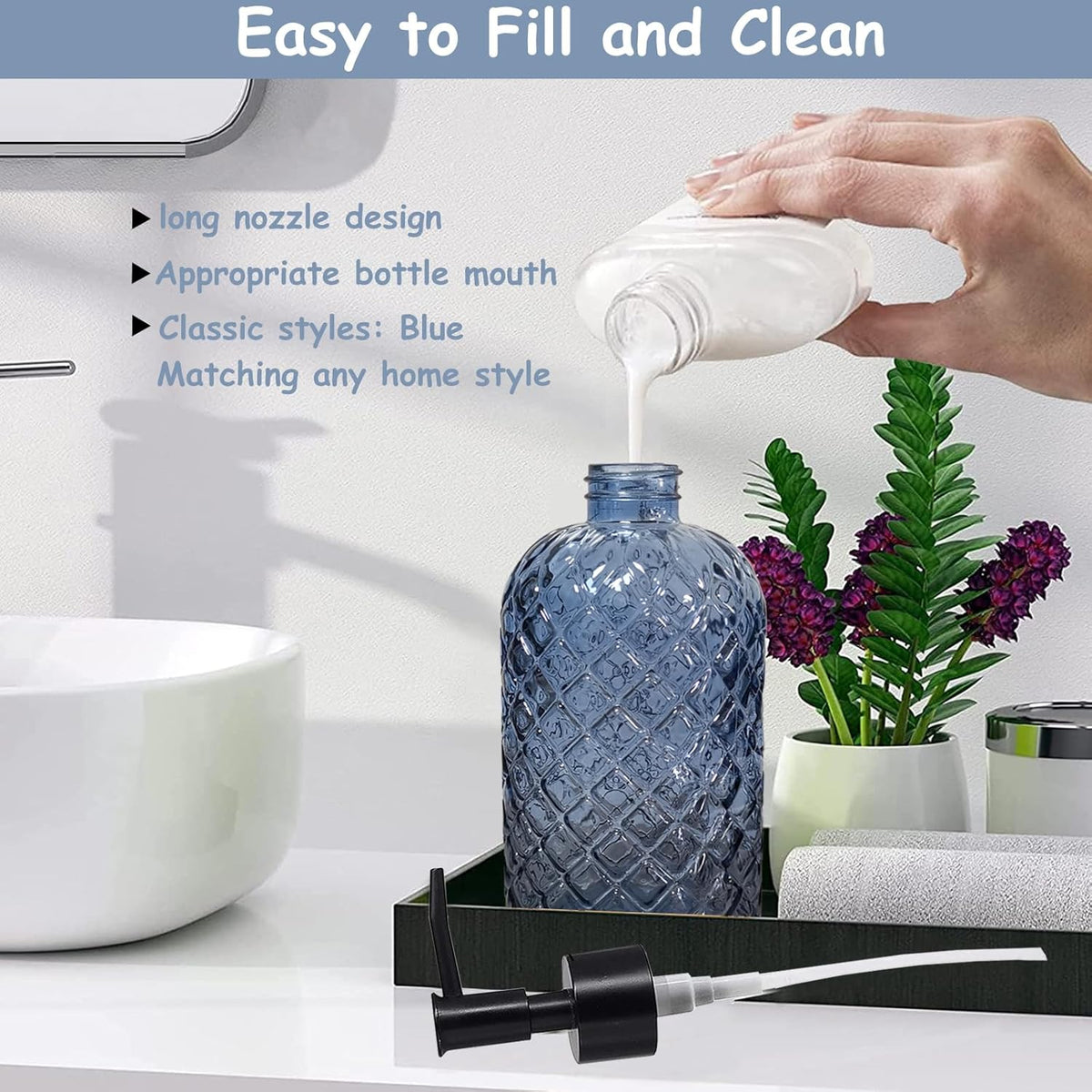 Blue Glass Dish Soap Dispenser for Kitchen, 12oz Refillable Liquid Hand Soap Dispenser Set, Crystal