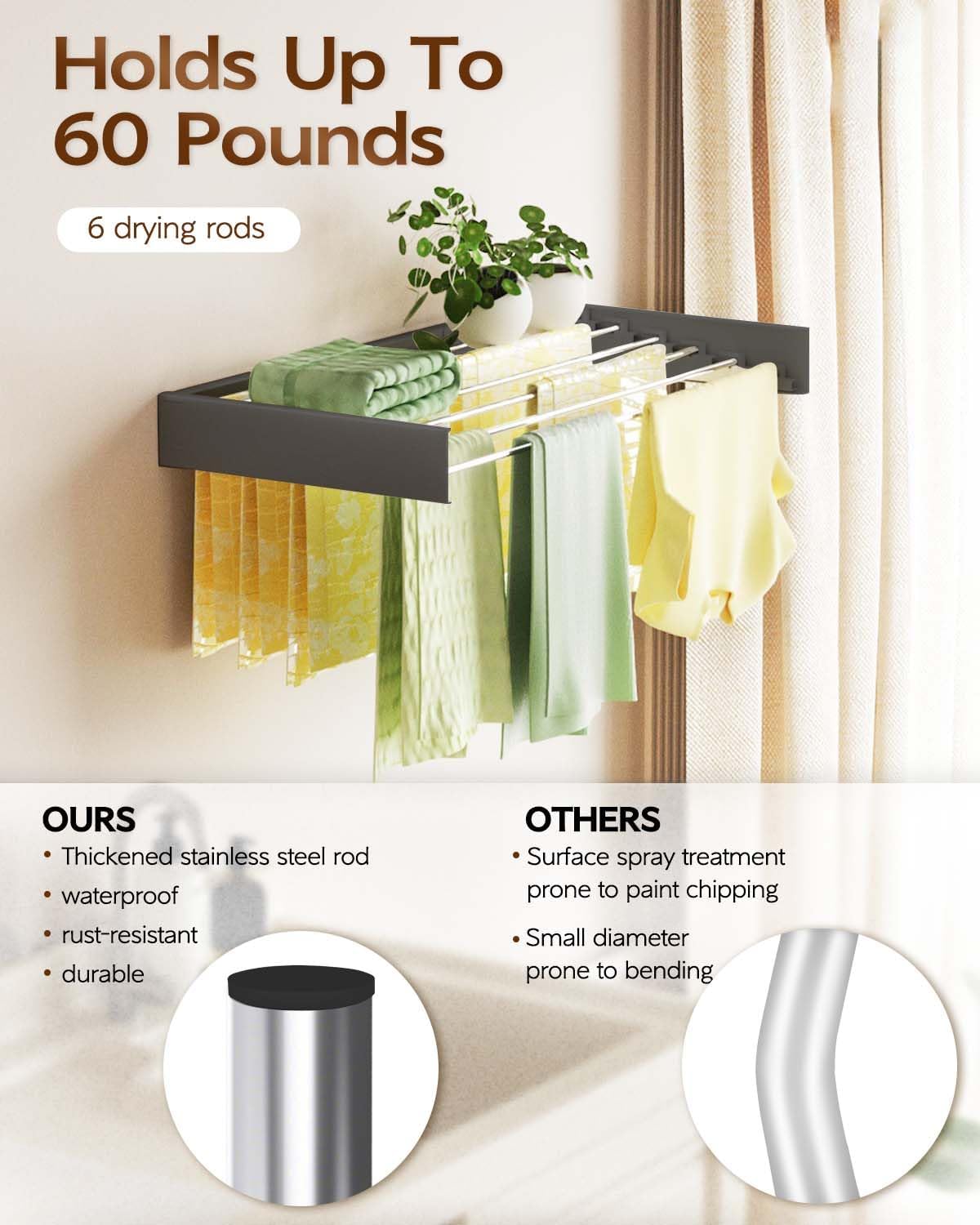 Wall Mounted Clothes Drying Rack 40", Foldable Wall Mount Laundry Rack Folding Indoor, Drying Rack