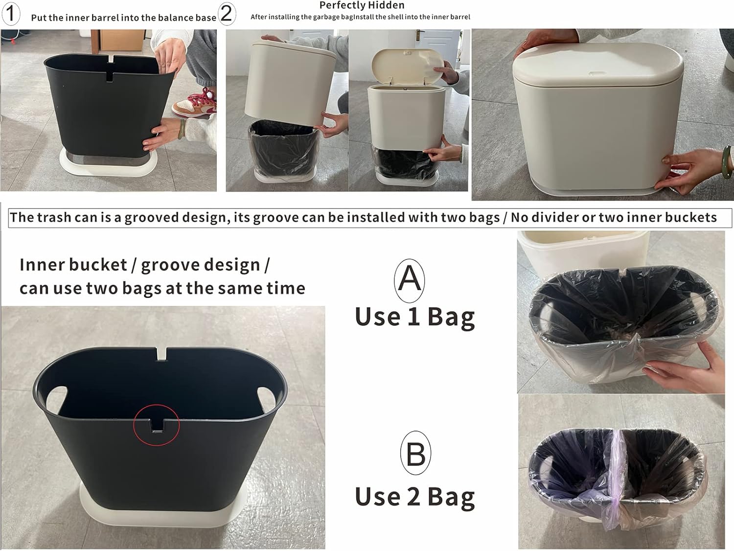 White Slim Bathroom Trash Can with Press Top Lid,12 Liter Small Thin Garbage Can,3.17 Gallon Narrow