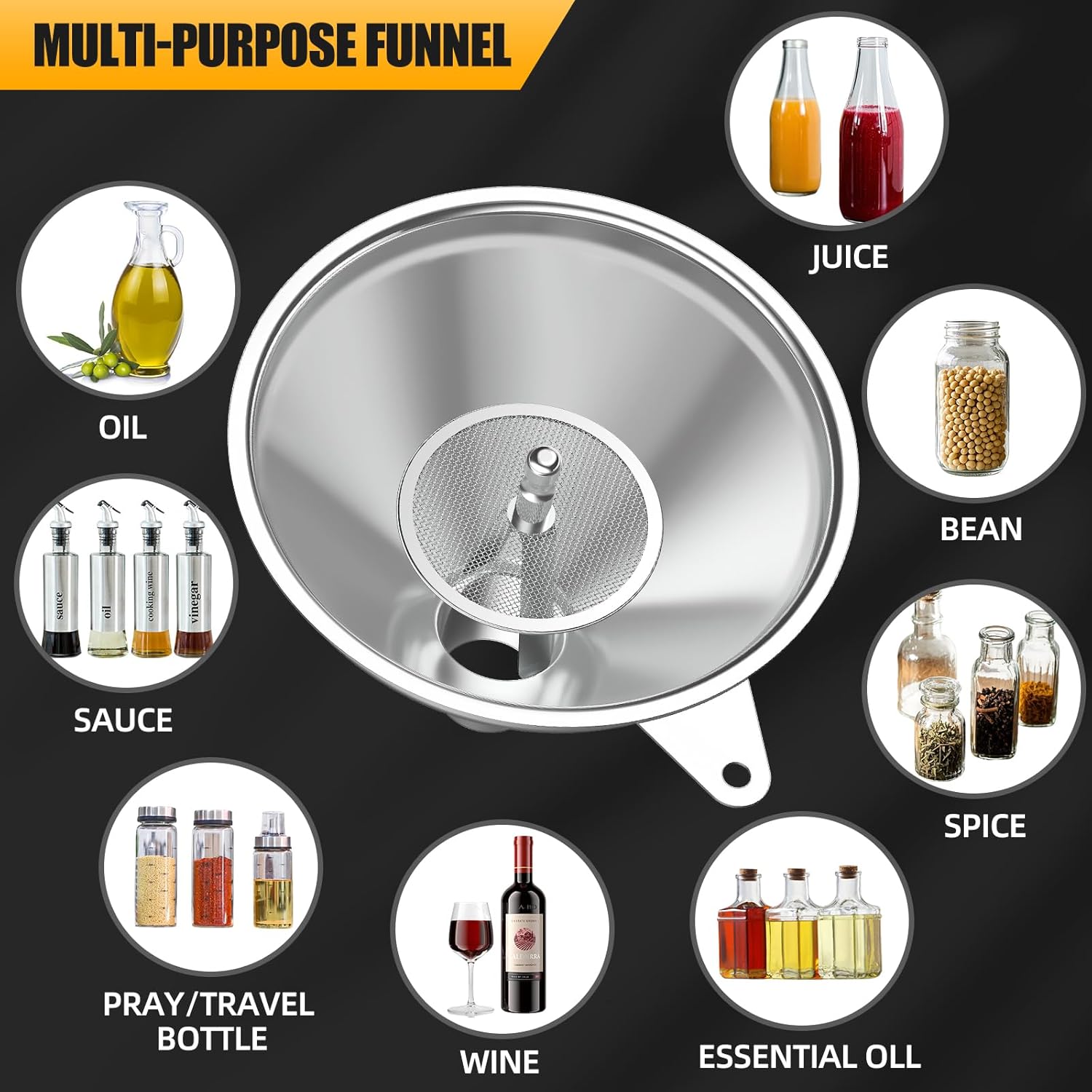 3 Pack Stainless Steel Kitchen Funnel Set,funnels for Kitchen use Filling Bottles, 2 Size Spouts