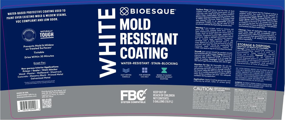 Bioesque Mold Resistant Coating, Water-Resistant, Stain-Blocking, Fast-Drying Formula, White, 5
