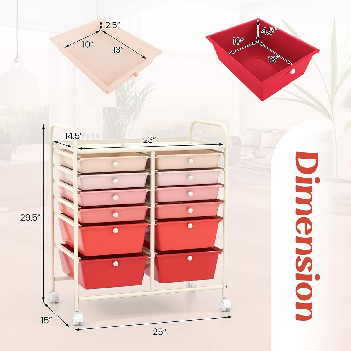 GOFLAME 12-Drawer Rolling Storage Cart, Multipurpose Organizer Cart with 2 Sizes Plastic Drawers