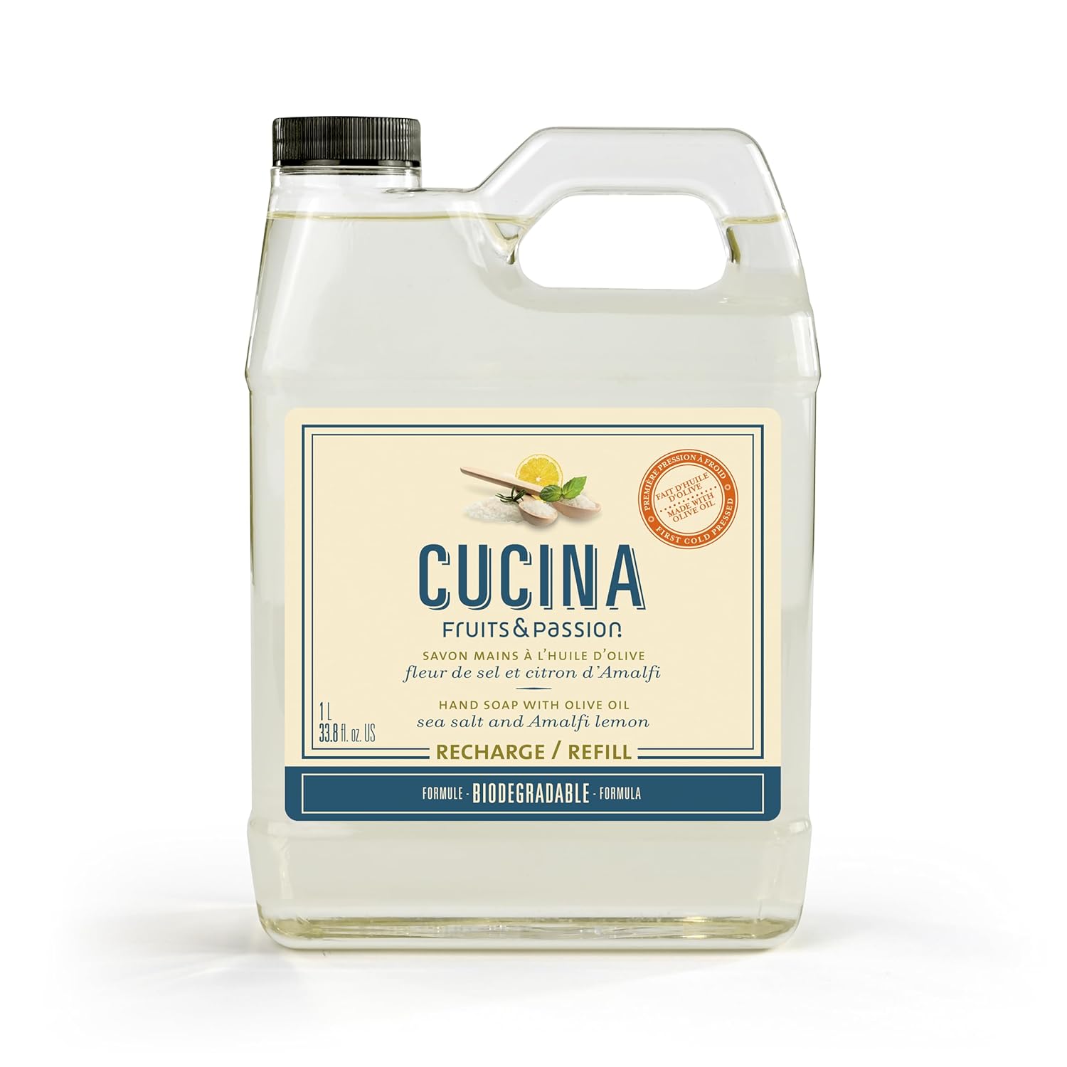 Cucina Fruits & Passion Hand Soap Refill – 1 Liter (33.8 oz) Sea Salt and Amalfi Lemon – Purifying