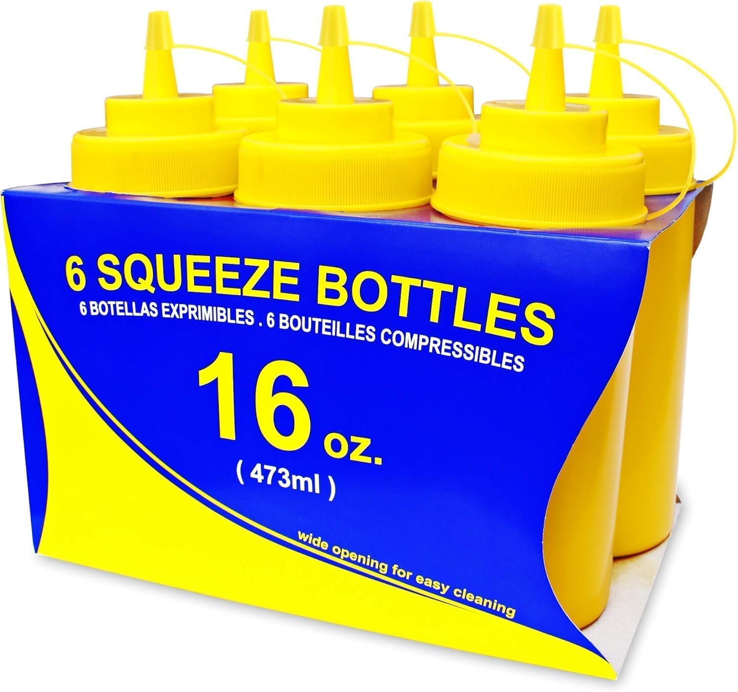 New Star Foodservice 26528 Plastic Squeeze Bottles with Cap and Scale, Wide Mouth, 16 oz, Yellow