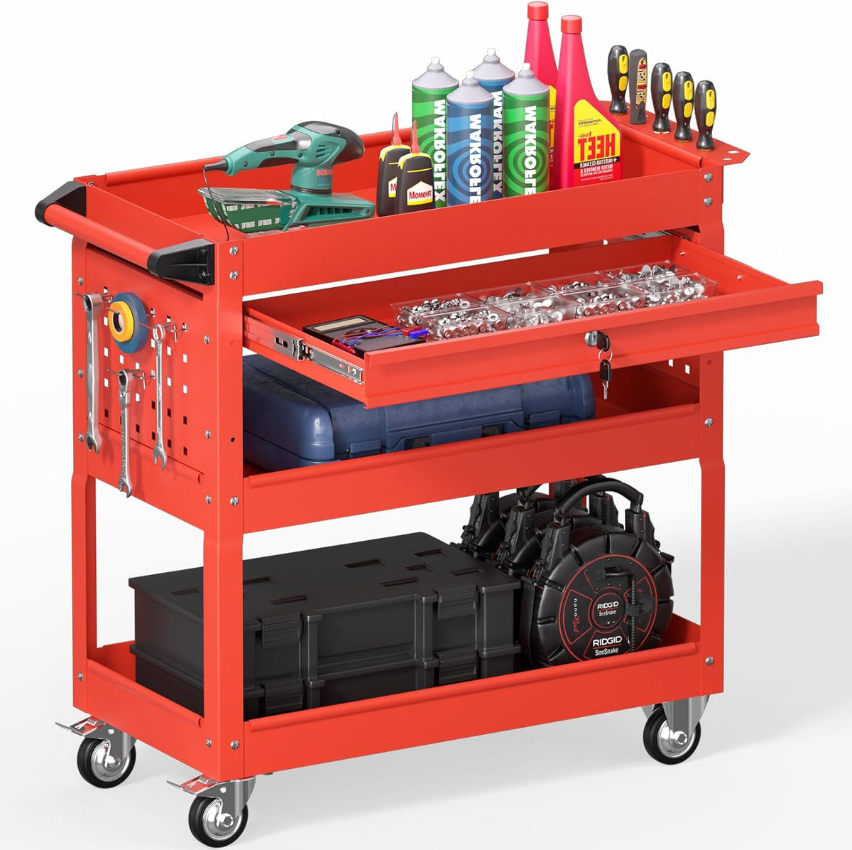 3 Tier Rolling Tool Cart on Wheels, Heavy Duty Service Cart Industrial Utility Cart with Drawer and