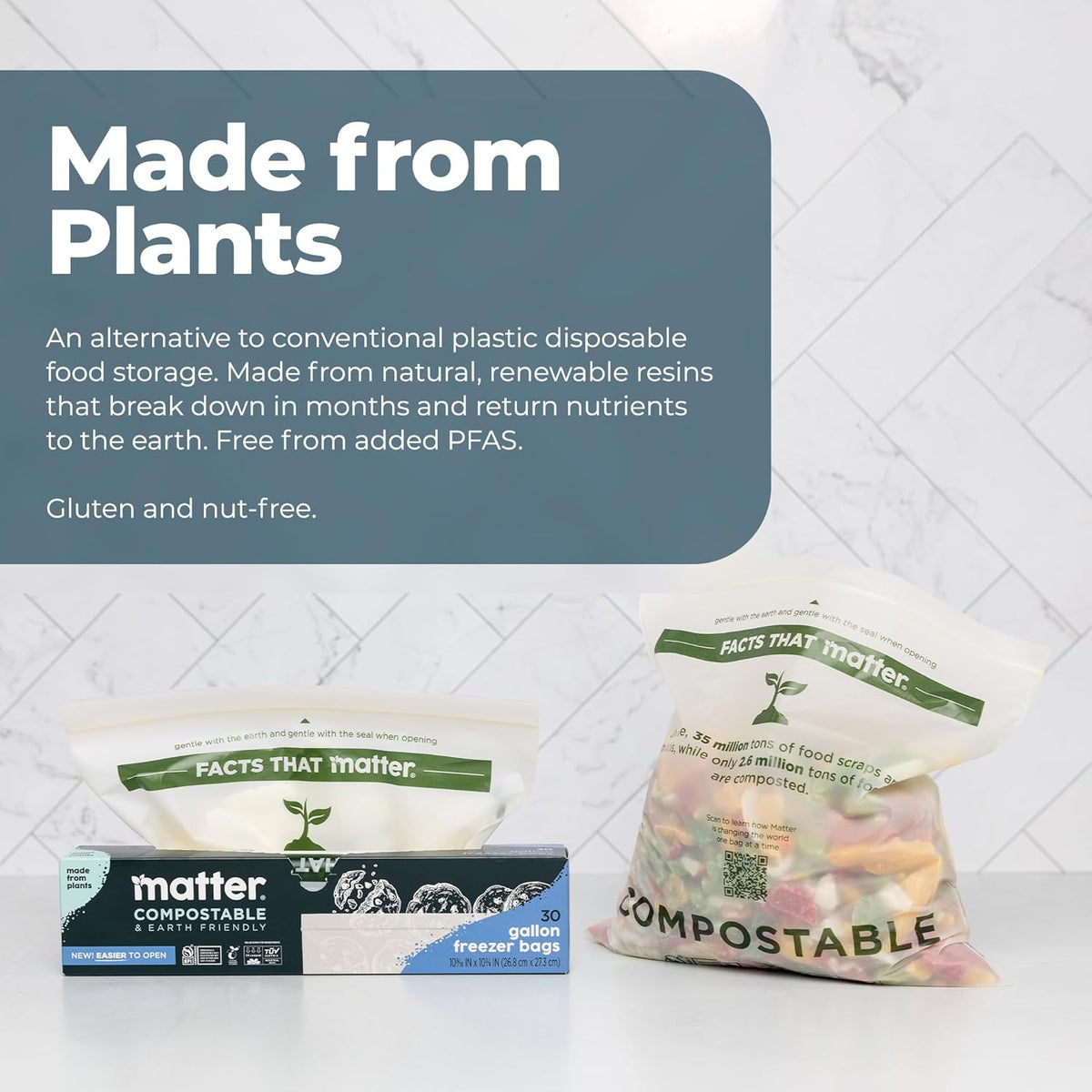 Matter Compostable Gallon Freezer Bags for Food Storage, Eco-Friendly, Resealable, Food Storage