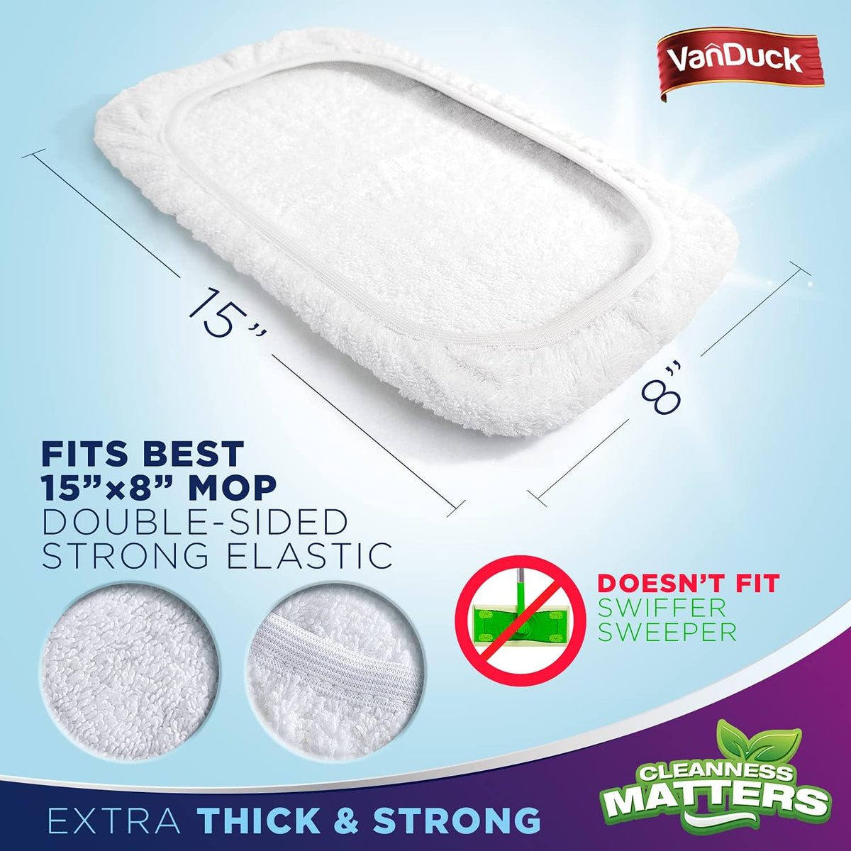 VanDuck 100% Cotton Terry Mop Pads 15x8 Inches 3-Pack, Terry Cloth Mop Covers (Handle is Not