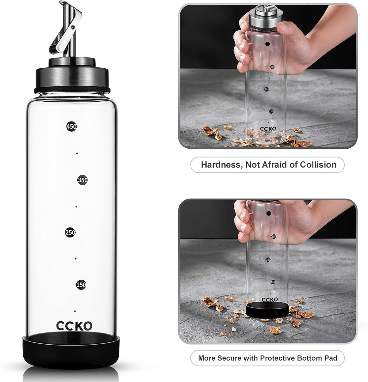 Glass Olive Oil Dispenser Bottle with Stainless Steel Spouts - Shatterproof 350ml Cooking Oil &