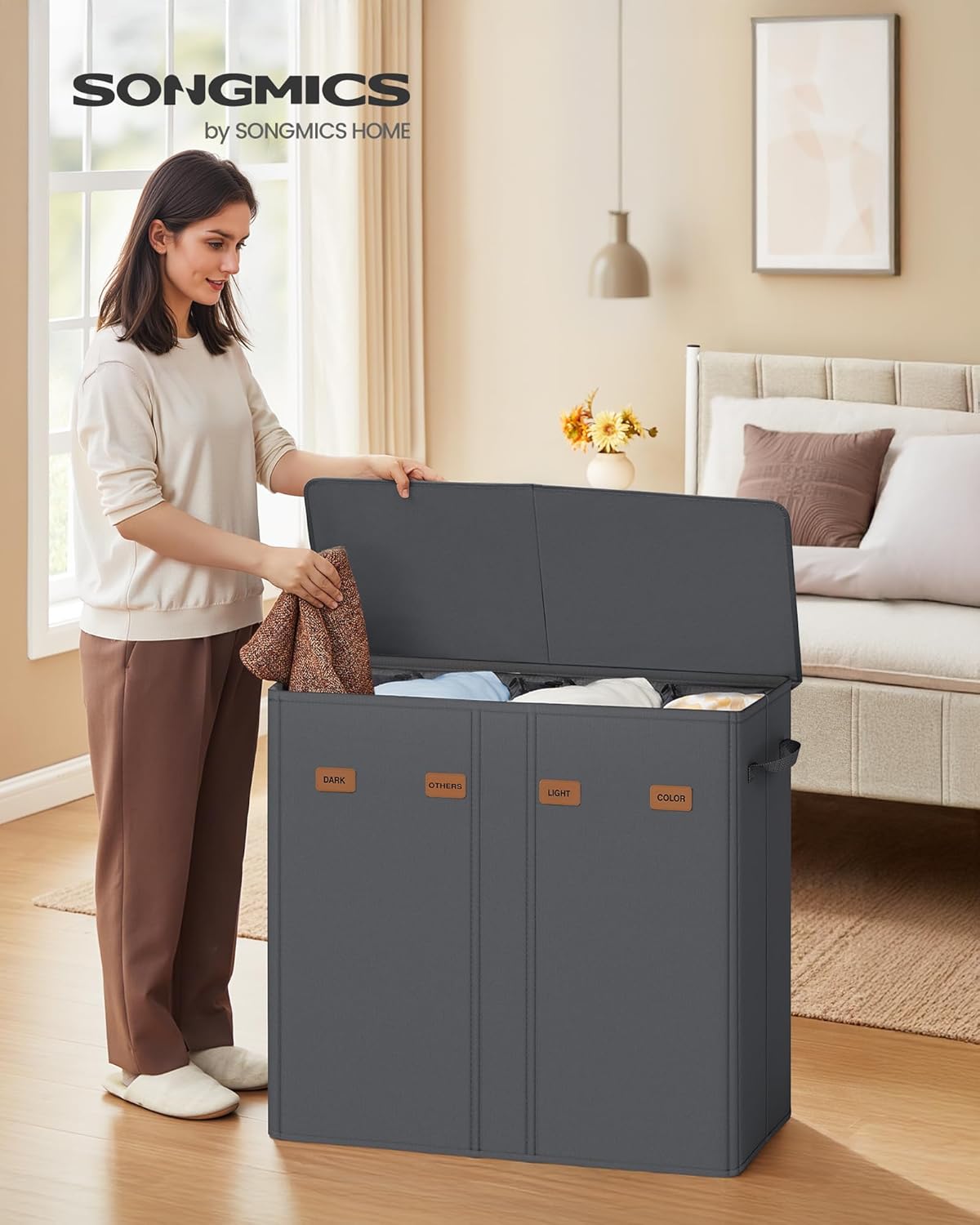 SONGMICS 55.4 Gallon (210 L) Laundry Hamper, 4-Compartment Laundry Basket Sorter with Lid, Labels