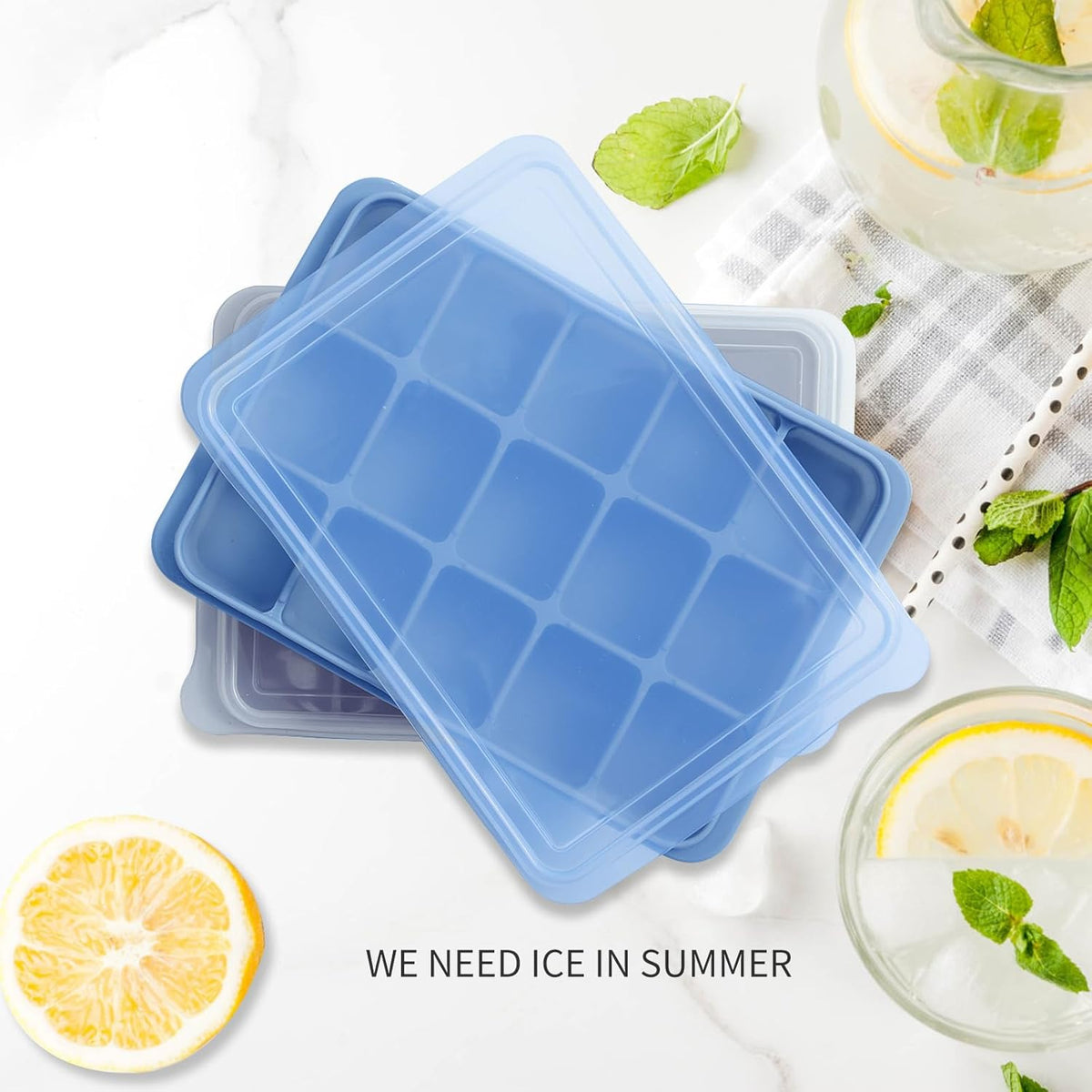 Ice Cube Trays Set of 2, Easy Release 15 Flexible Silicone Ice Cube Molds with Removable Lid