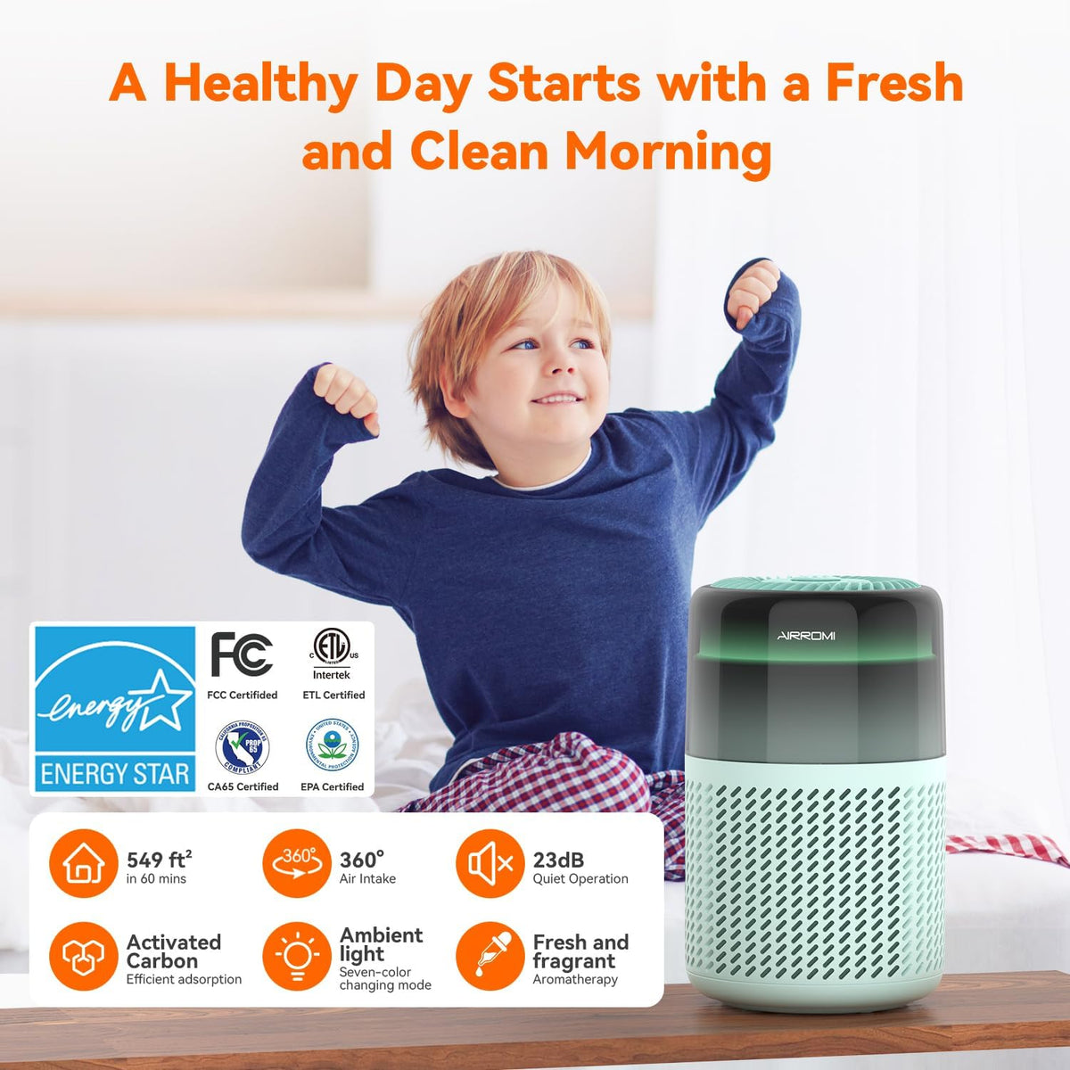 AIRROMI Air Purifier for Bedroom Home,HEPA Filter,Covers Upto 549 Ft²,Quiet 360°intake Air Cleaner