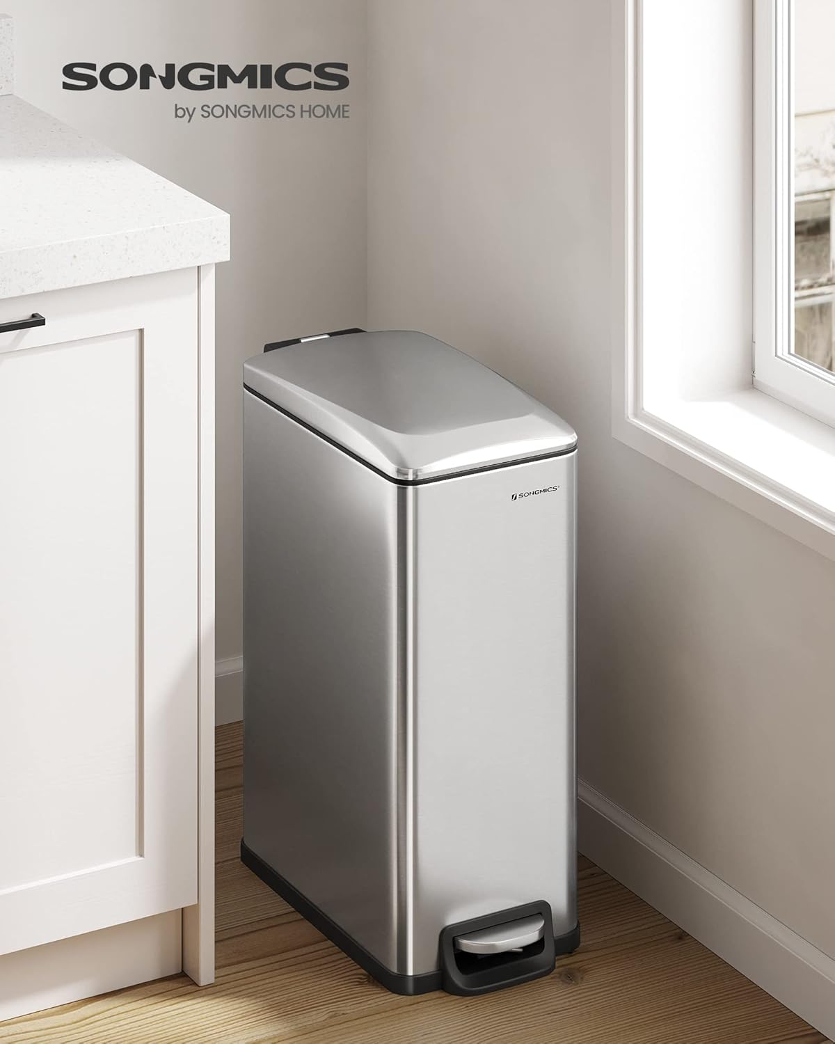 SONGMICS Slim Trash Can, 13-Gallon (50 L) Garbage Can for Narrow Spaces with Soft-Close Lid, Inner