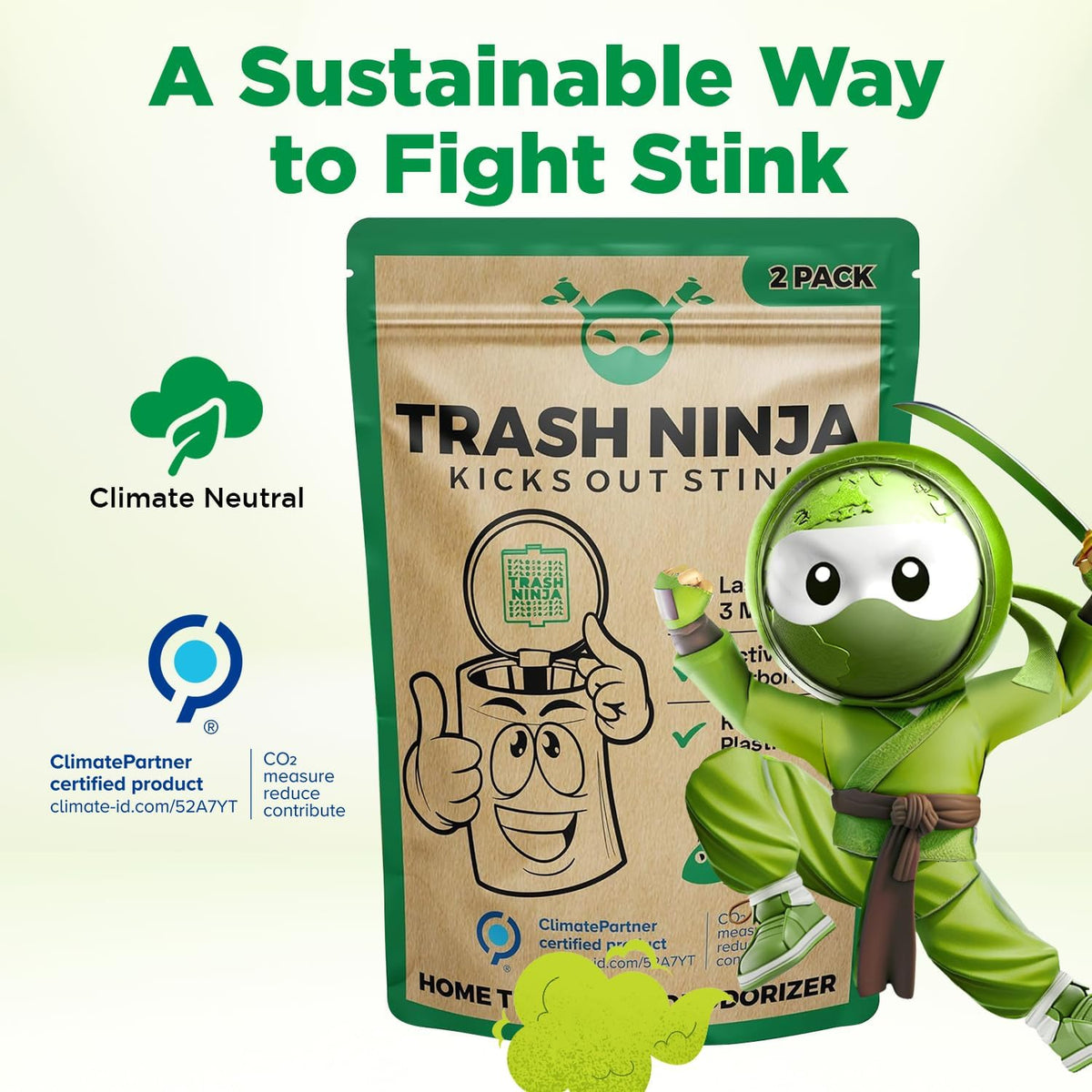 Trash Ninja Trash Can Deodorizer and Odor Eliminator (2 Pack) for Indoor Trash Cans Up to 10