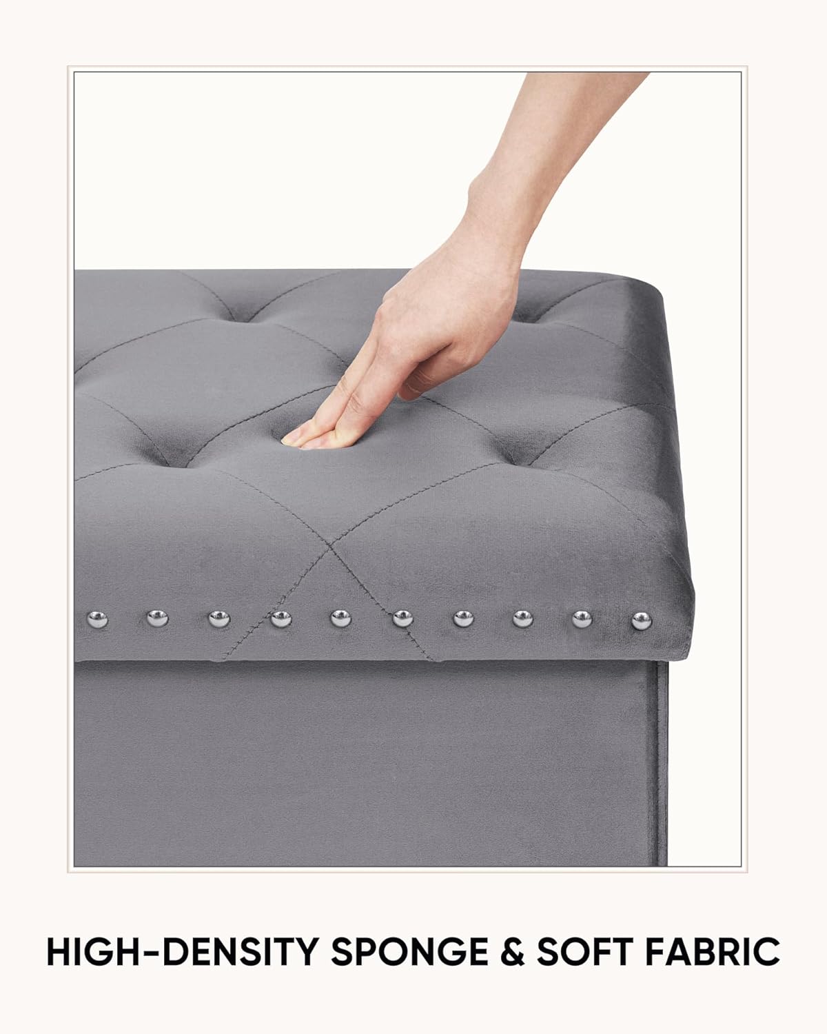 Velvet Storage Ottoman Bench, 43.3" Folding Ottoman with Rivet Trim, Heavy-Duty Upholstered