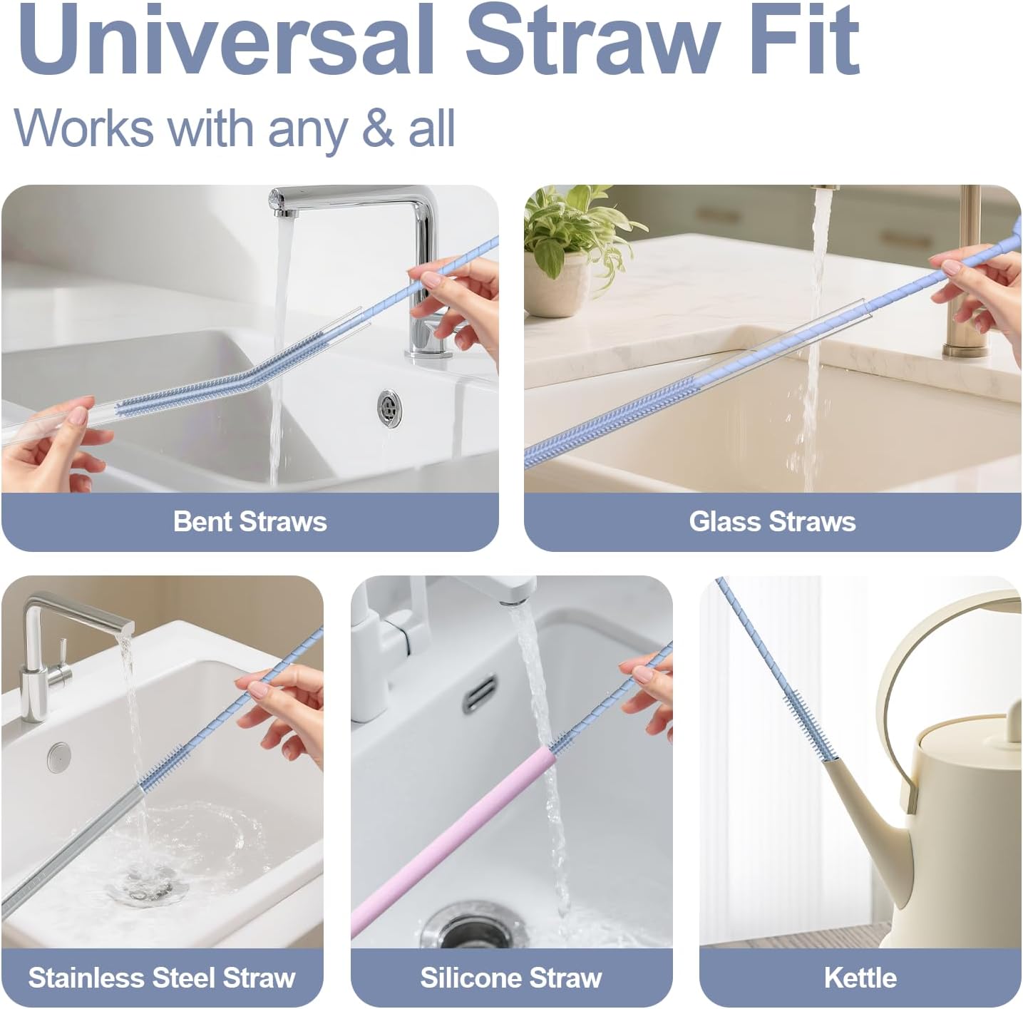 YOTIME Silicone Straw Cleaner Brush, 2 Pcs Reusable Straw Brush(6mm+9mm) for Cleaning Narrow & Wide