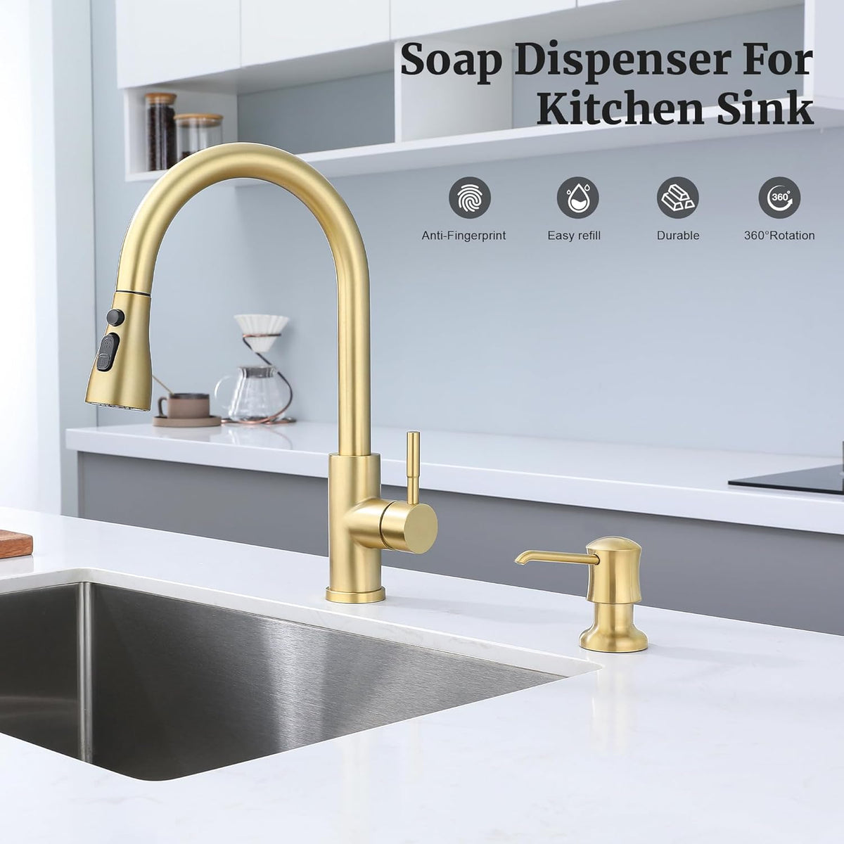 Sink Soap Dispenser for Kitchen Sink Brushed Gold Upgrade with 40" Silicone Extension Tube Kit