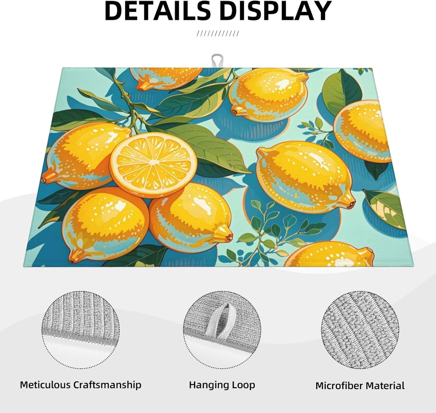 lemon Dish Drying Mat Highly Absorbent Double-Sided Microfiber with Hanging Loop Reversible Drain