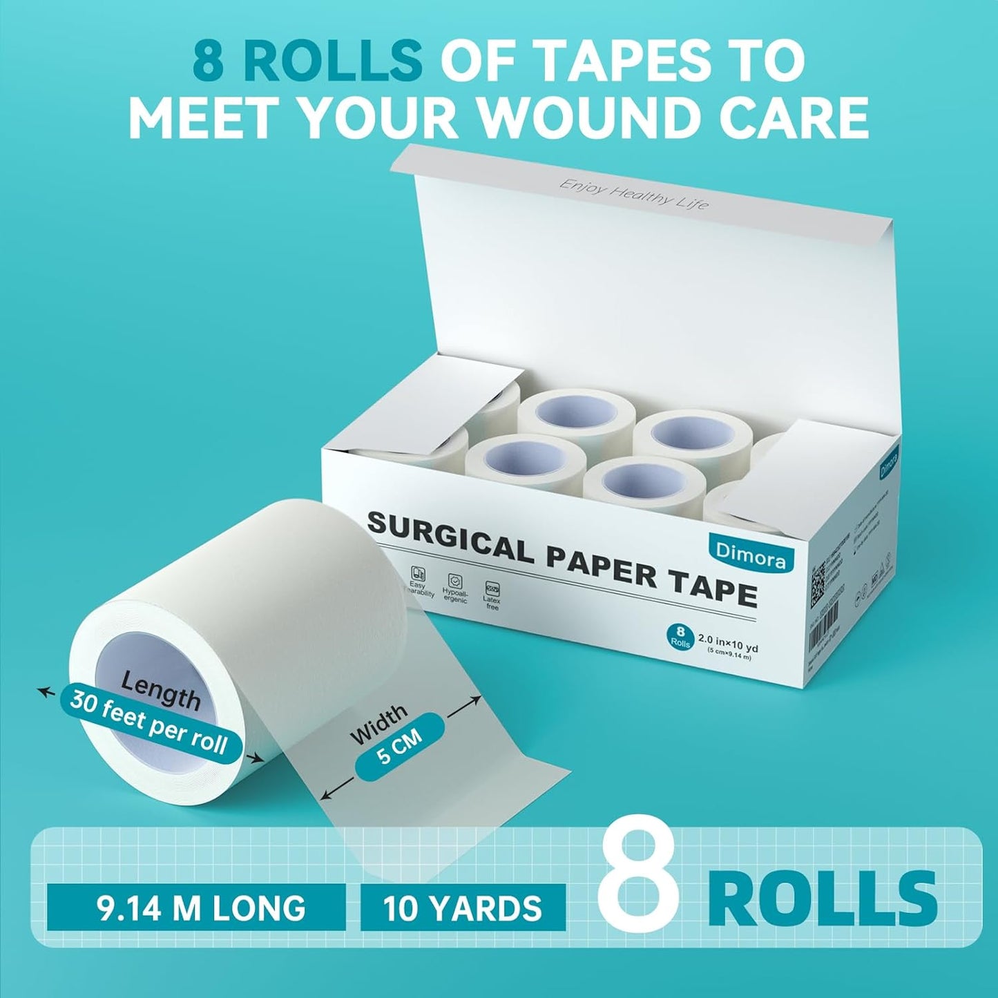 Dimora Soft Paper Surgical Tape 8 Rolls- Hypoallergenic Medical Tape for Sensitive Skin，Breathable