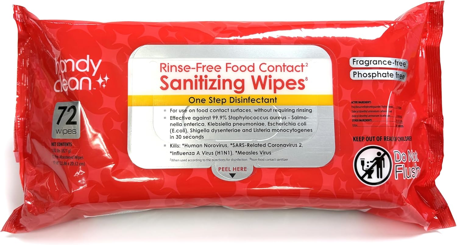 HandyClean Rinse-Free Food Contact Sanitizing Wipes Pouch, Multi Surface Cleaning Supplies for