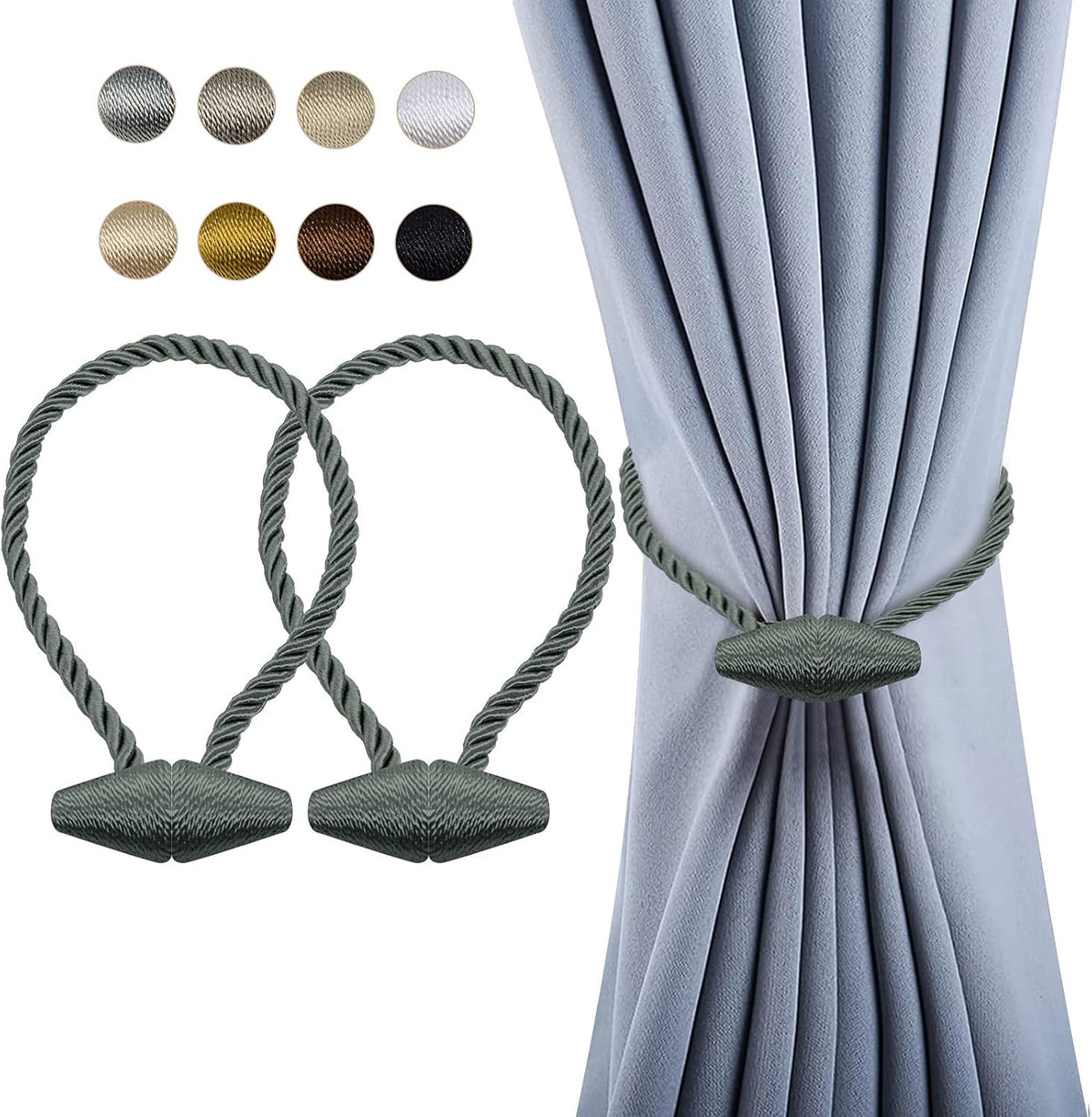 Hion Magnetic Curtain Tiebacks Gray Blue 2pcs, Curtain Tiebacks Buckles Holdbacks Holders Hooks